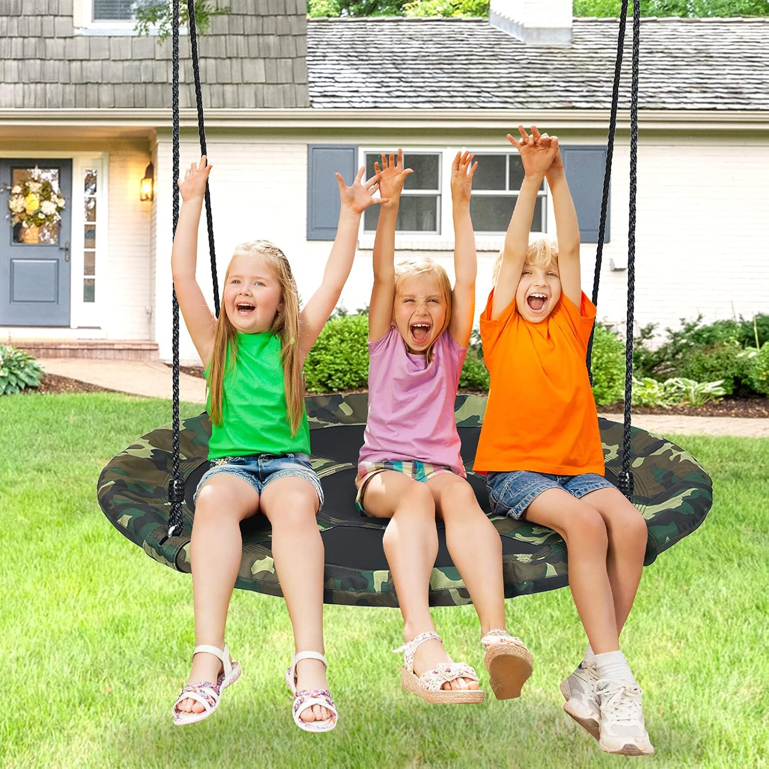 ARLIME 40 Inch Flying Saucer Tree Swing, Round Outdoor Swing with Hanging Straps, Hooks, 330lbs Weight Capacity, Large Tree Swing for Playground, Backyard and Playroom (Camo Green)