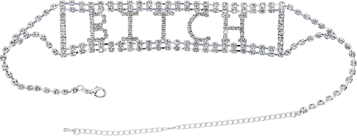 Clear Rhinestone Bitch Wide Choker Necklace Costume Jewelry Silver Stripper