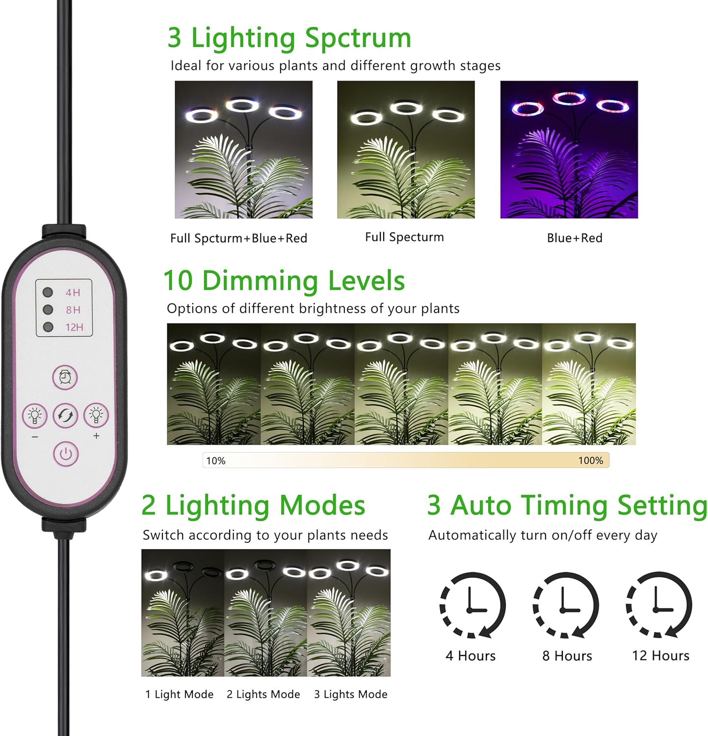 Grow Light for Indoor Plants, 3 Head Full Spectrum LED Tall Plant Lights with Timer, 3 Color Modes Standing Floor Growing Lamp, 74" Height Adjustable, 10 Dimmable Levels for Large Plants