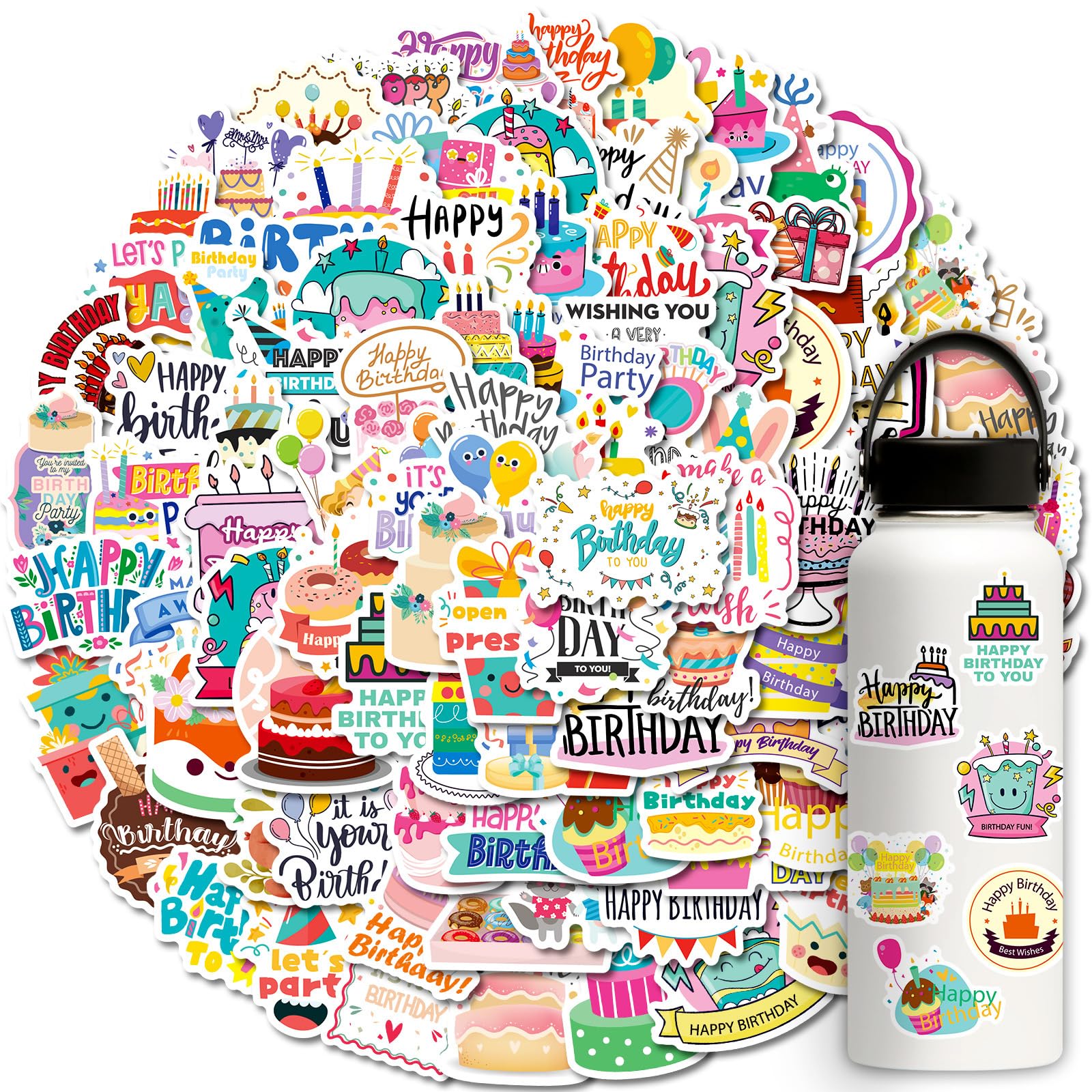 Acuiwer 100PCS Happy Birthday Stickers Cartoon Kids Stickers for Water Bottles Snowboard Laptop Luggage Motorcycle Bicycle Fridge Kids Teens