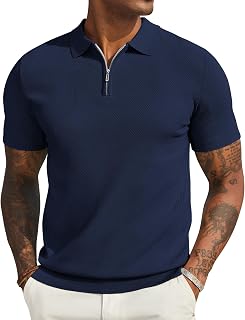 Mens Textured Knit Polo Shirts Zipper Polo Shirts Short Sleeve