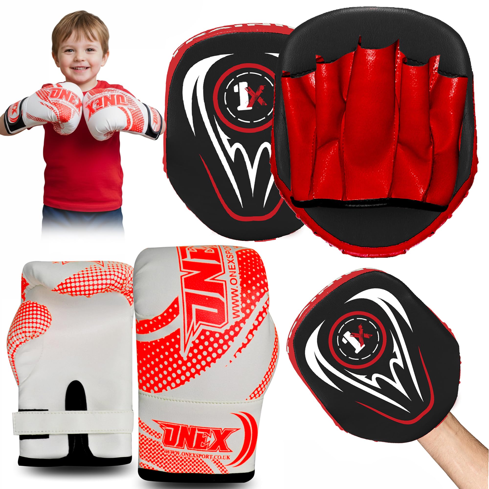 Boxing Gloves & Focus Pads Set 2oz Kids Boxing Gloves & Hook and Jab Pads for Training, Kickboxing, Muay Thai, Punch Bag, Sparring, MMA, Martial Arts, Taekwondo, Home & Gym Workout Equipment (RED)