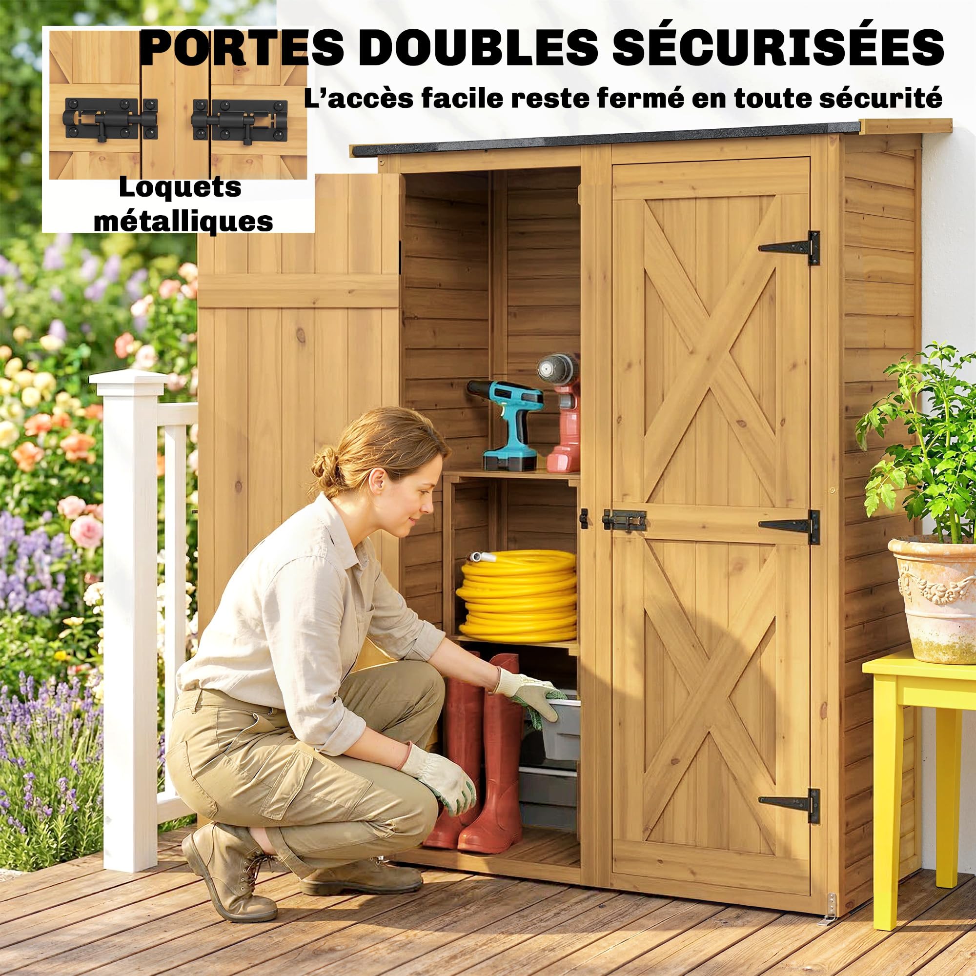 Outsunny Abri de Rangement en Bois, Cabane de Jardin avec 2 Étagères, Double Portes et Loquets, Armoire à Outils avec Toit Incliné pour Terrasse, Jardin, Garage, Marron