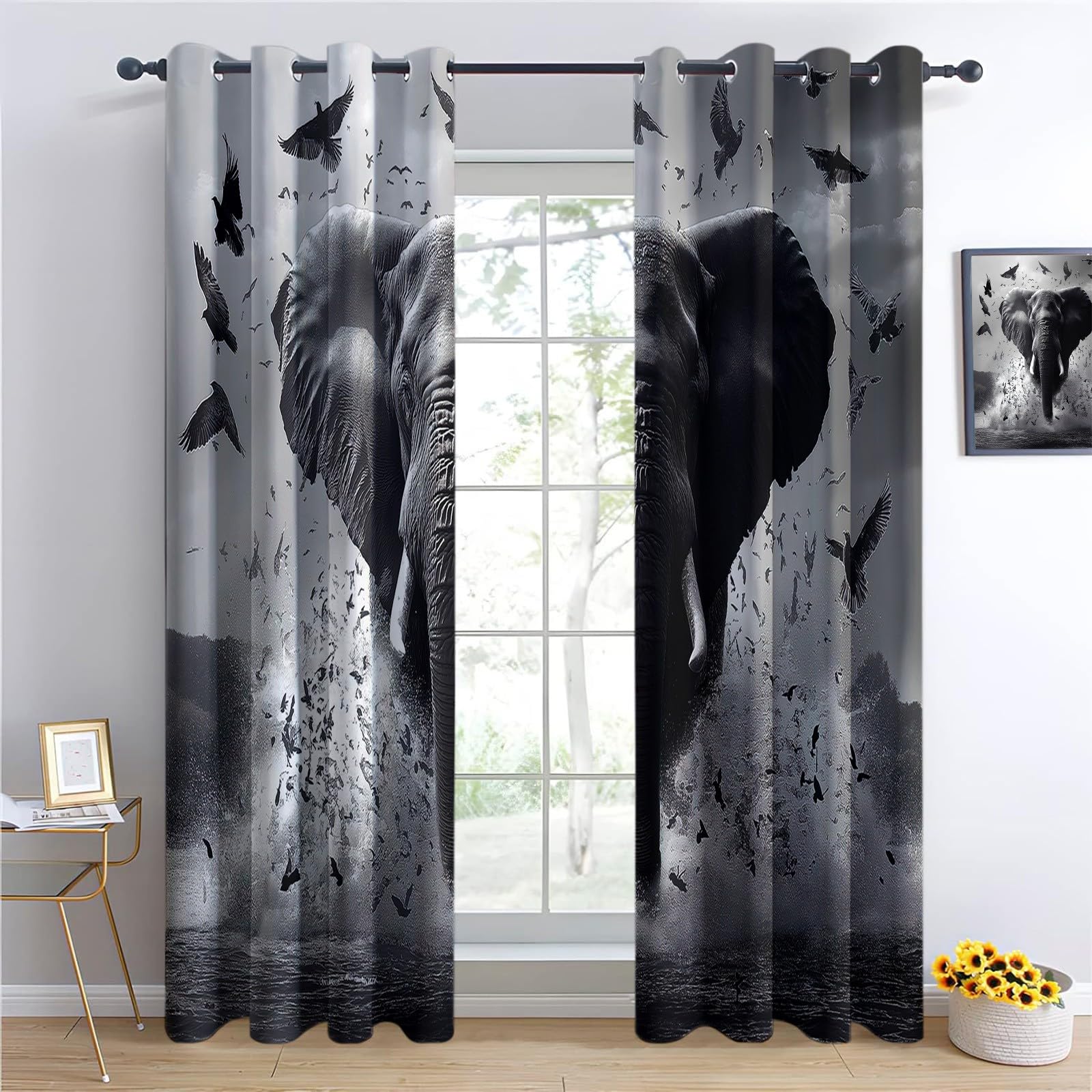 Zasłony Termiczne 140x260 cm Set 2 – Antirumore, Anti-Luce, Elefanti Uccelli, Szary