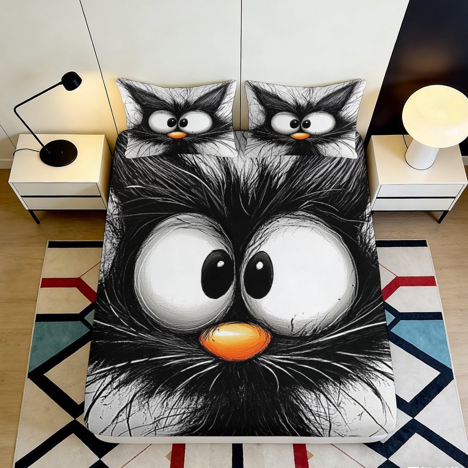 3D Printed Black Cartoon Cat Fitted Sheet Microfiber Soft Breathable Large Eyes Bed Cover for Bedroom Dormitory Guest Room Mattress Protection 200x200x25cm