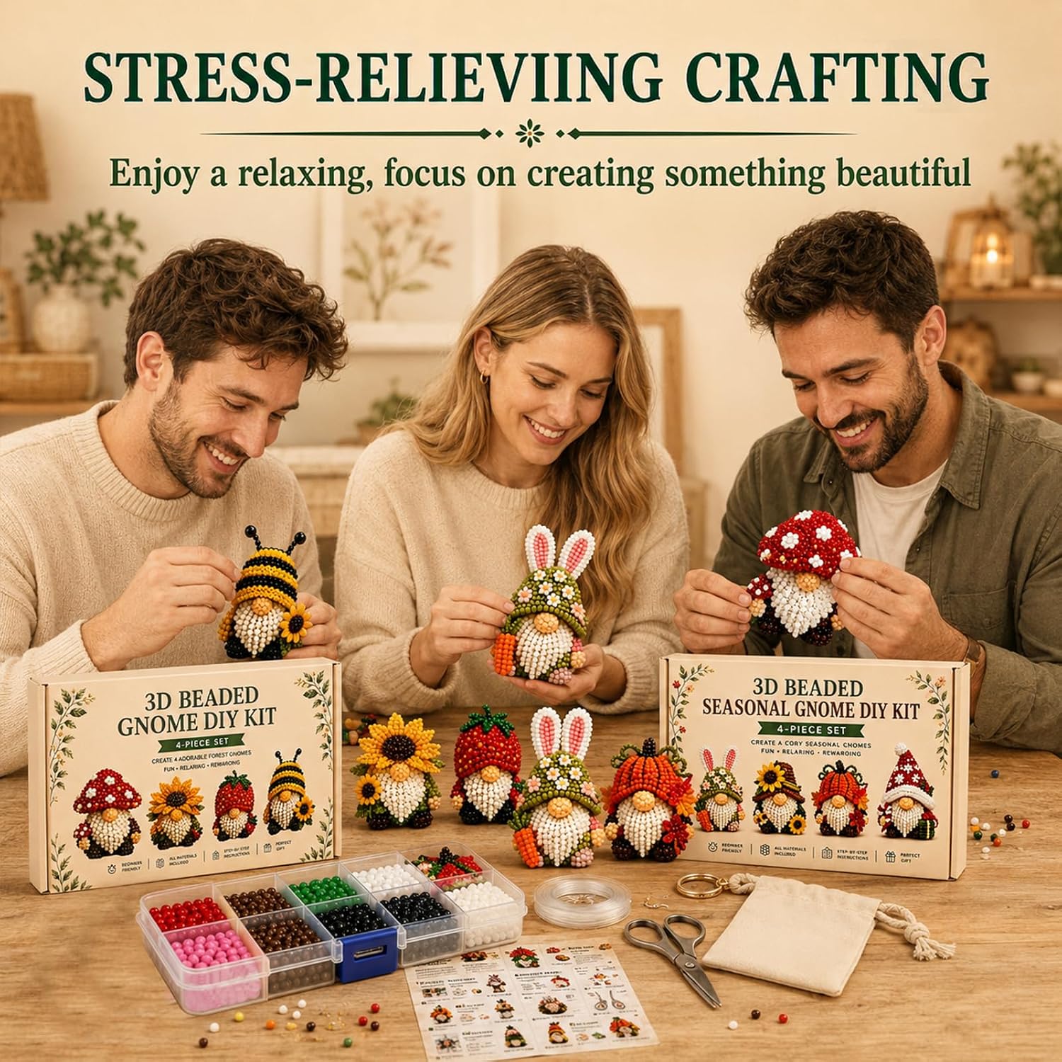 3D Beaded Gnome DIY Kit, Mini Beaded Gnome Craft Kit, Funny Handmade Gnome DIY Decor with Instructions, Perfect for Beginners & Craft Lovers (Seasonal Gnome)