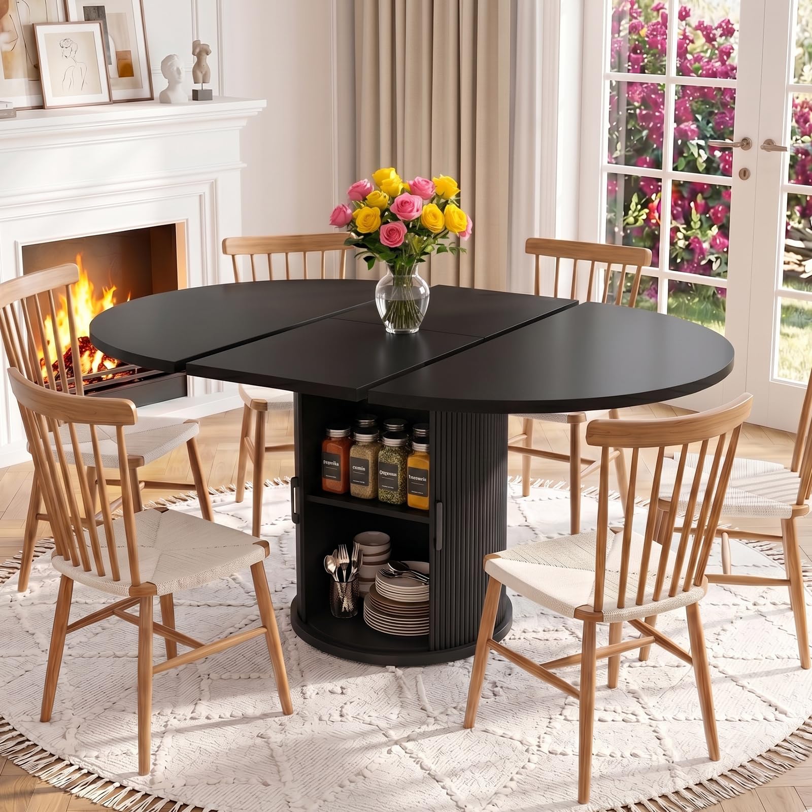 Round Extendable Wood Dining Table for 4-6 People with Storage Cabinet