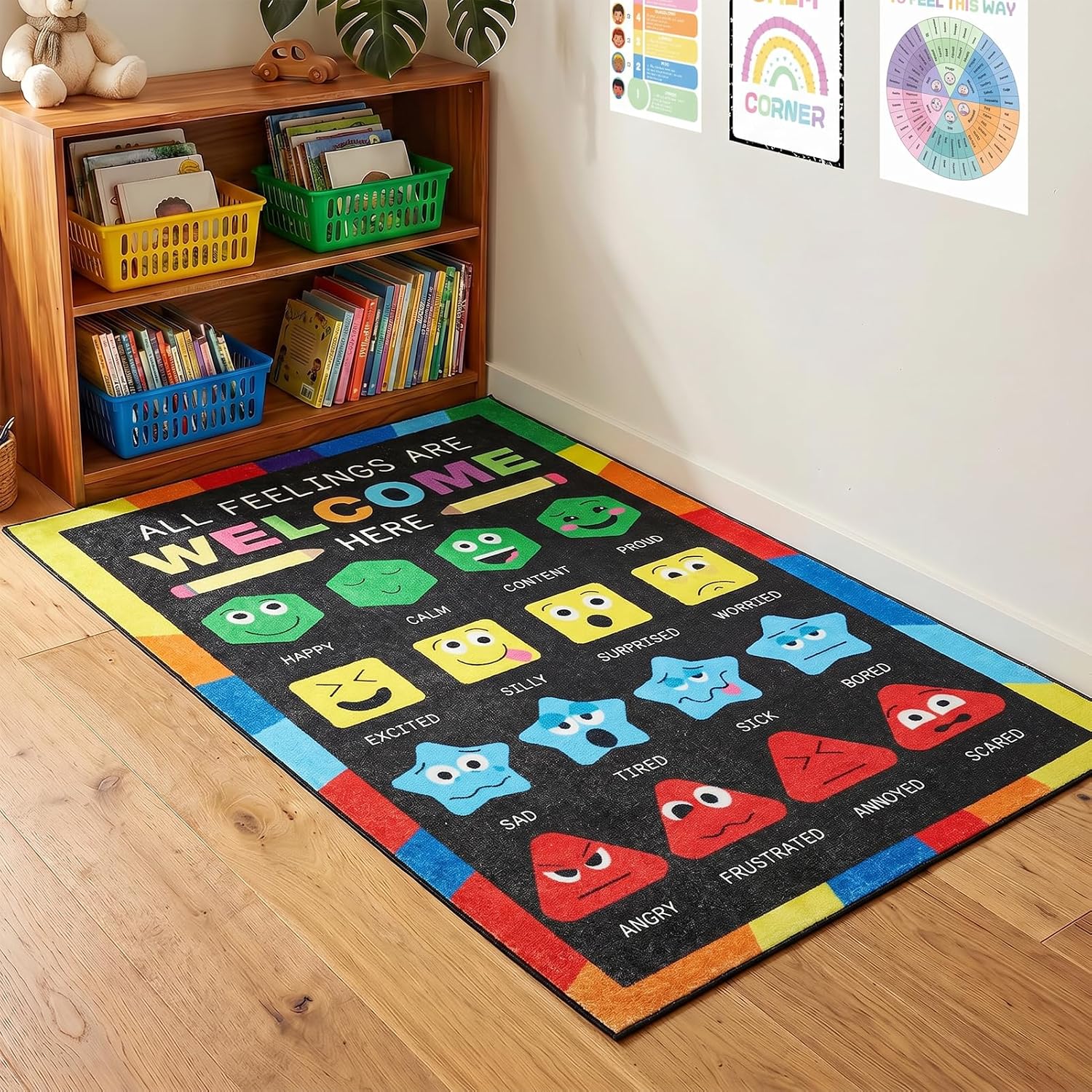 36''x60'' Calm Down Corner Supplies Classroom Rug - Non-Slip Backing with 8 Grippers, Feelings Chart Kids Reading Rug for Preschool Nursery Back to School Classroom Decor, Raibow & Black
