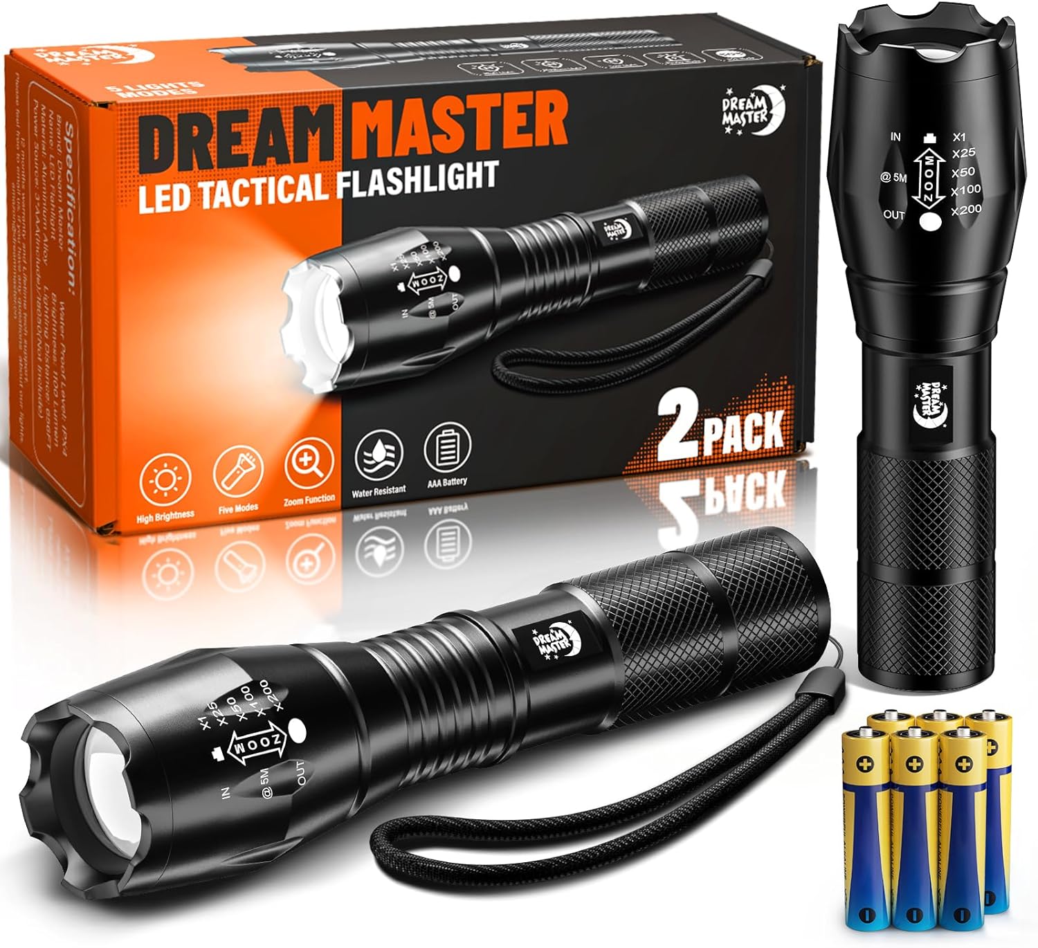 2 Pack LED Flashlights High Lumens with 6 AAA Batteries, 5 Modes Mini Waterproof Tactical Bright Flashlight for Camping Hiking, Stocking Stuffers & Christmas Gifts for Him, Men, Dad
