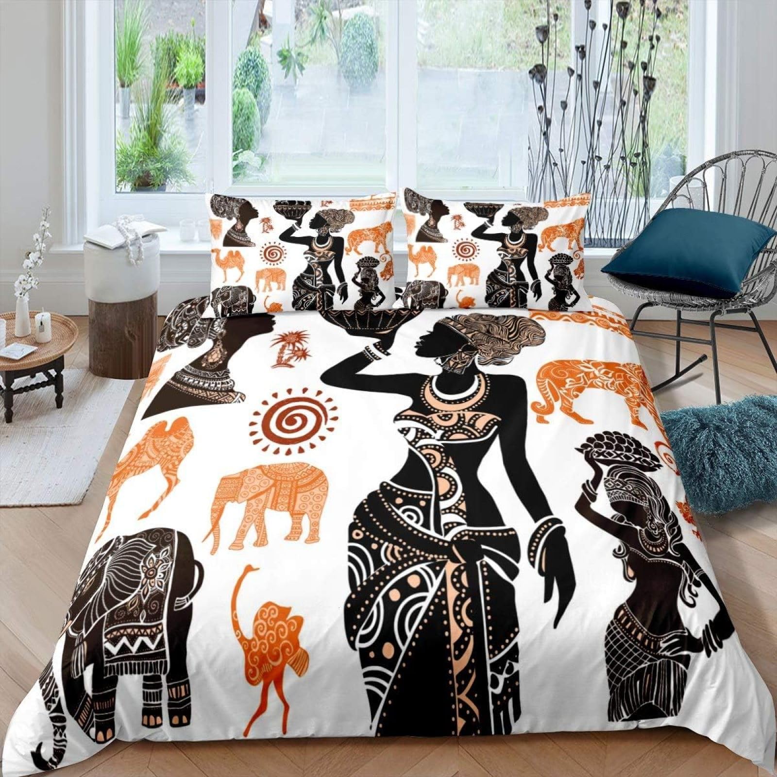 Housse De Couette 240x220 Cm 3D Impression Femme Africaine Motif Literie Parure De Lit 2 Personnes Microfibre Avec 2 Taie D'Oreiller 65x65Cm Avec Fermeture Éclair, 3 Pièces Imprimé Housse Couette