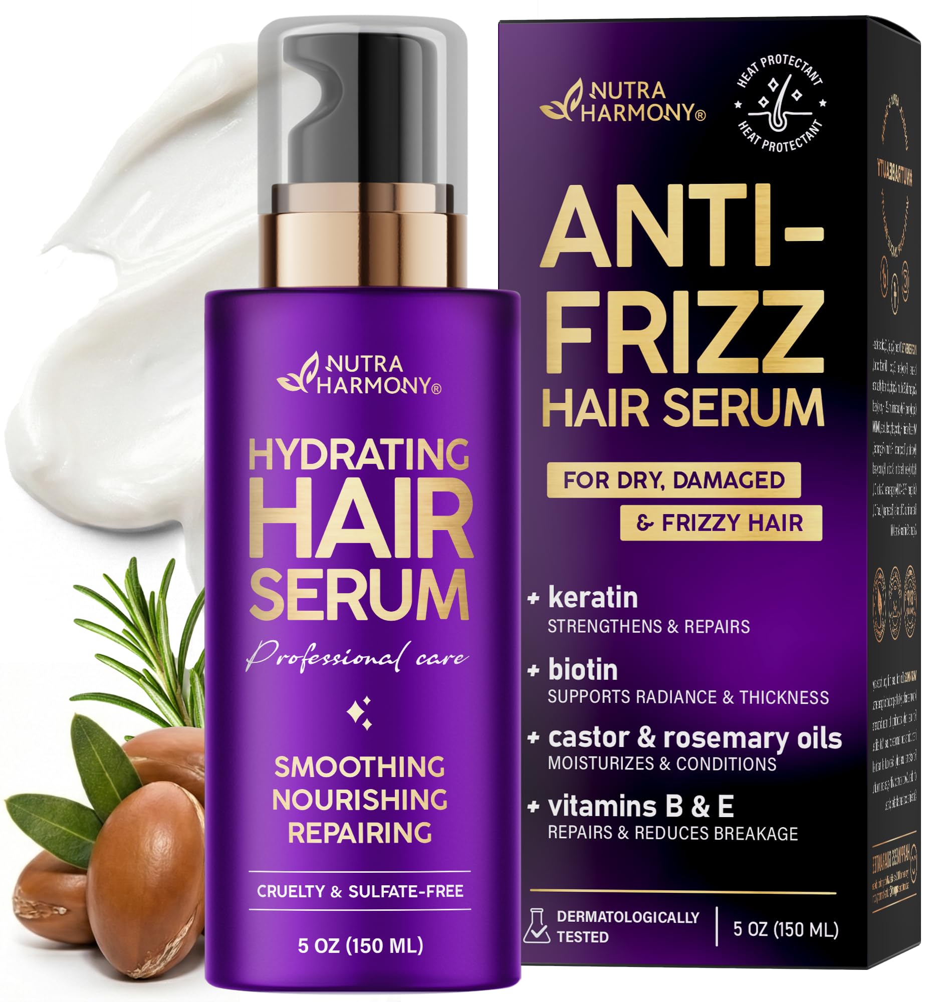 Hydrating Hair Serum for Dry & Frizzy Hair, Lightweight Leave-In Anti-Frizz Treatment, Non-Greasy Split Ends Repair with Keratin, Biotin, Castor & Rosemary Oils, Smooth Shine & Heat Protection, 5 oz
