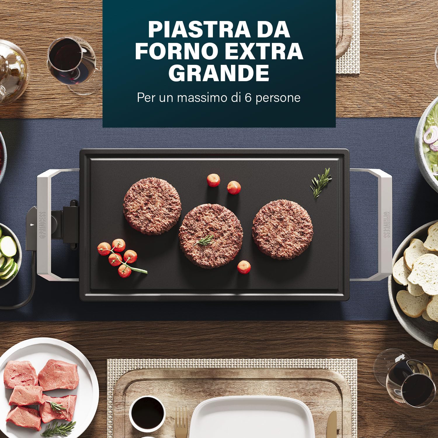 Princess Table Chef Premium Griglia di pietra – Superficie di cottura extra grande 46 x 26 cm – Piastra grill in ceramica – Senza PFAS – Termostato regolabile – Incl. 4 spatole in legno – 103150