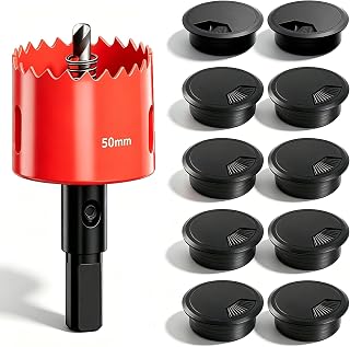 10 Pack Desk Grommet & Cable Grommet 2 Inch (50 mm), Black Desk Hole Cover with Hole Saw - Cable Management Kit for Office, TV Stand, Workstation - Hide Wires Behind Wall