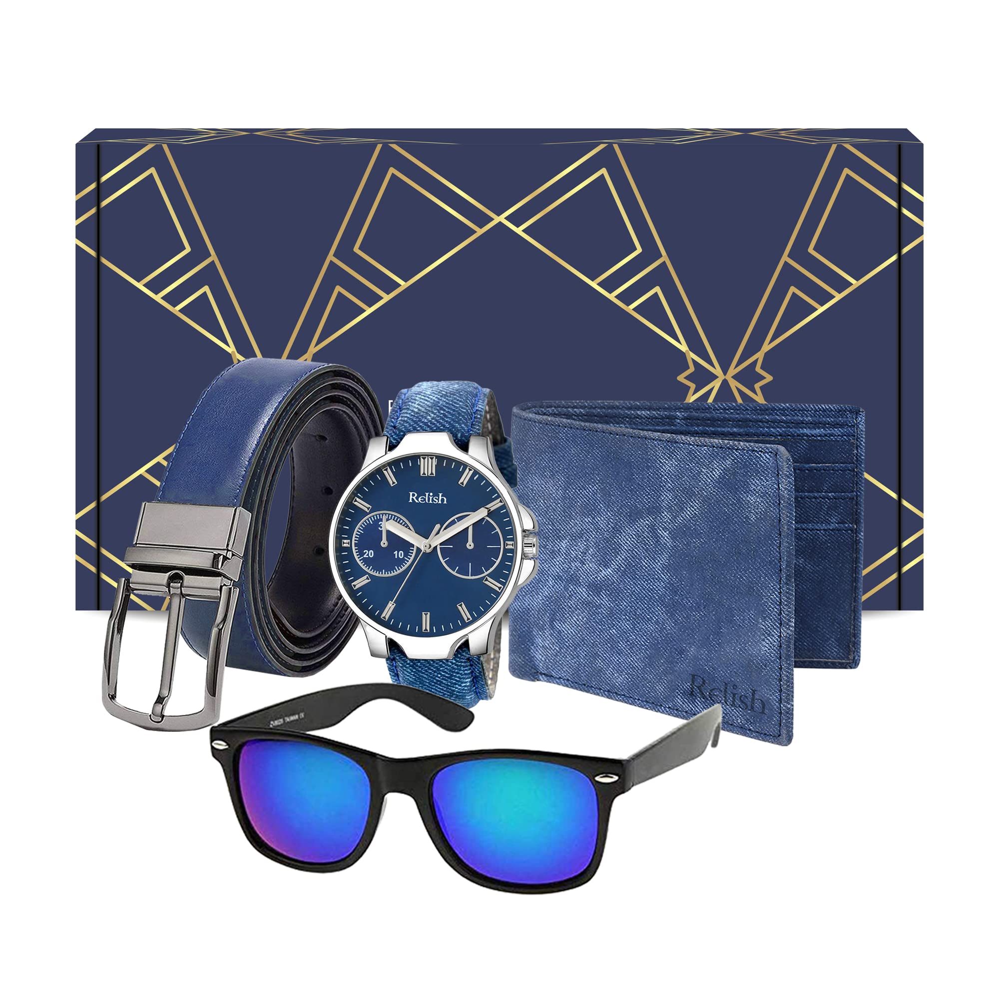 Relish Rubber Denim Analogue Mens And Boys Watch, Belt, Wayfarer Sunglasses & Blue Wallet Combo Box For Gifts (B09JP8D96S) Amazon Price History, Amazon Price Tracker
