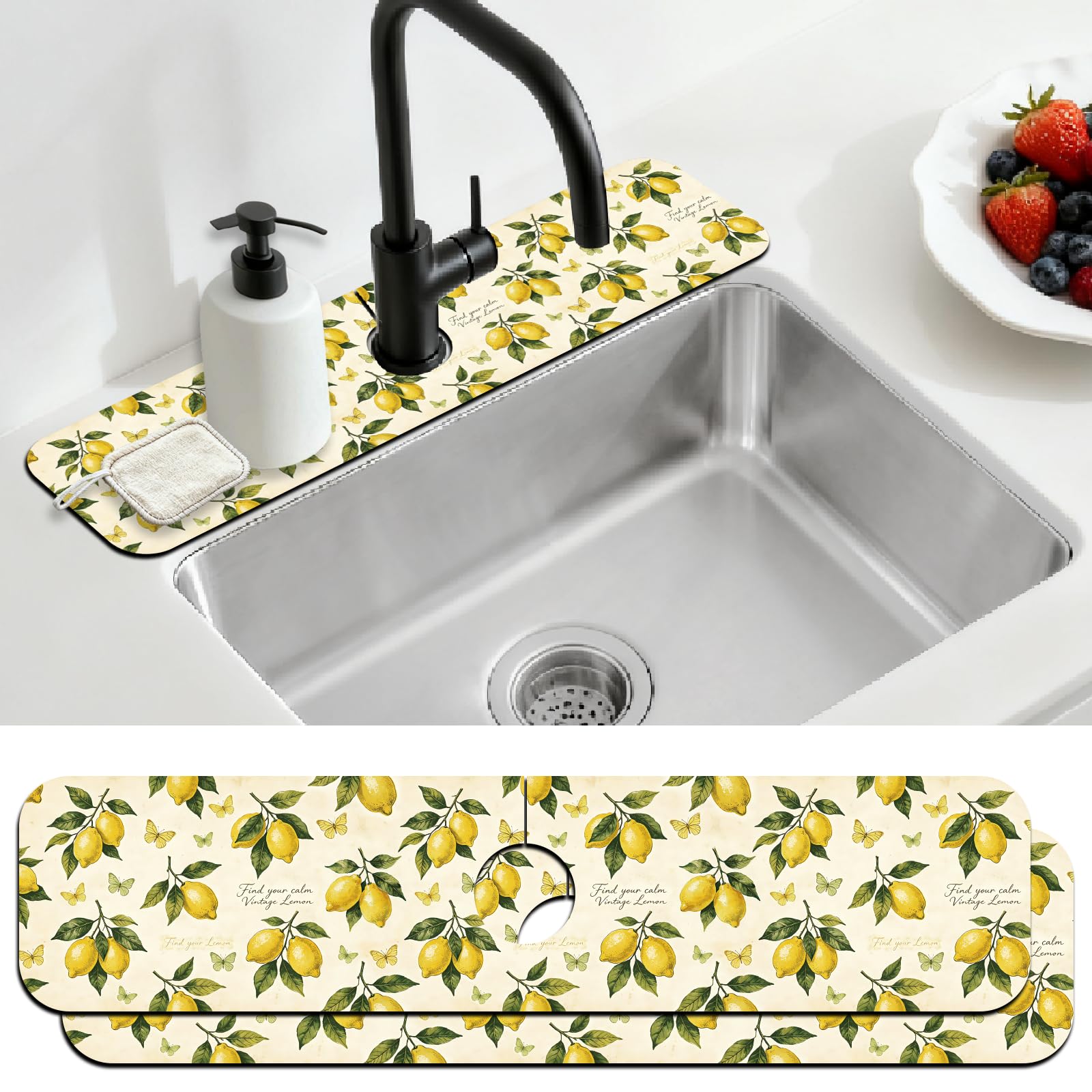 CONCHLERY 2 Pcs Kitchen Sink Splash Guard Faucet Mat Vintage Lemon Faucet Mat for Sinks Butterfly Absorbing Drying Mats for Kitchen Bathroom, 23.6x5.5inch โ image 1