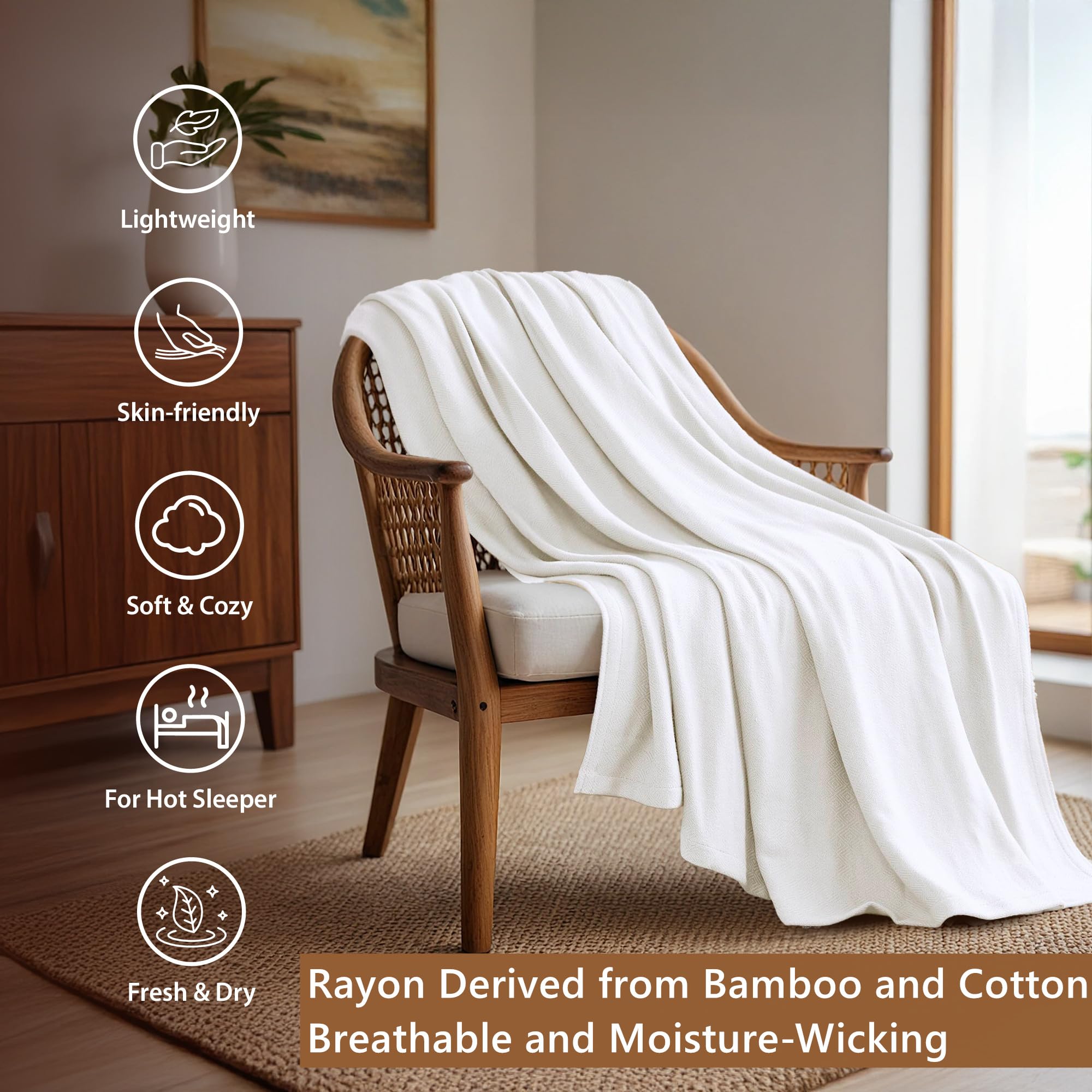 Twin Size Blanket, 70% Rayon (Derived from Bamboo) and 30% Cotton, Lightweight Jacquard Weave, Breathable and Soft Summer Blanket for Bed or Couch, 66” x 90”, White