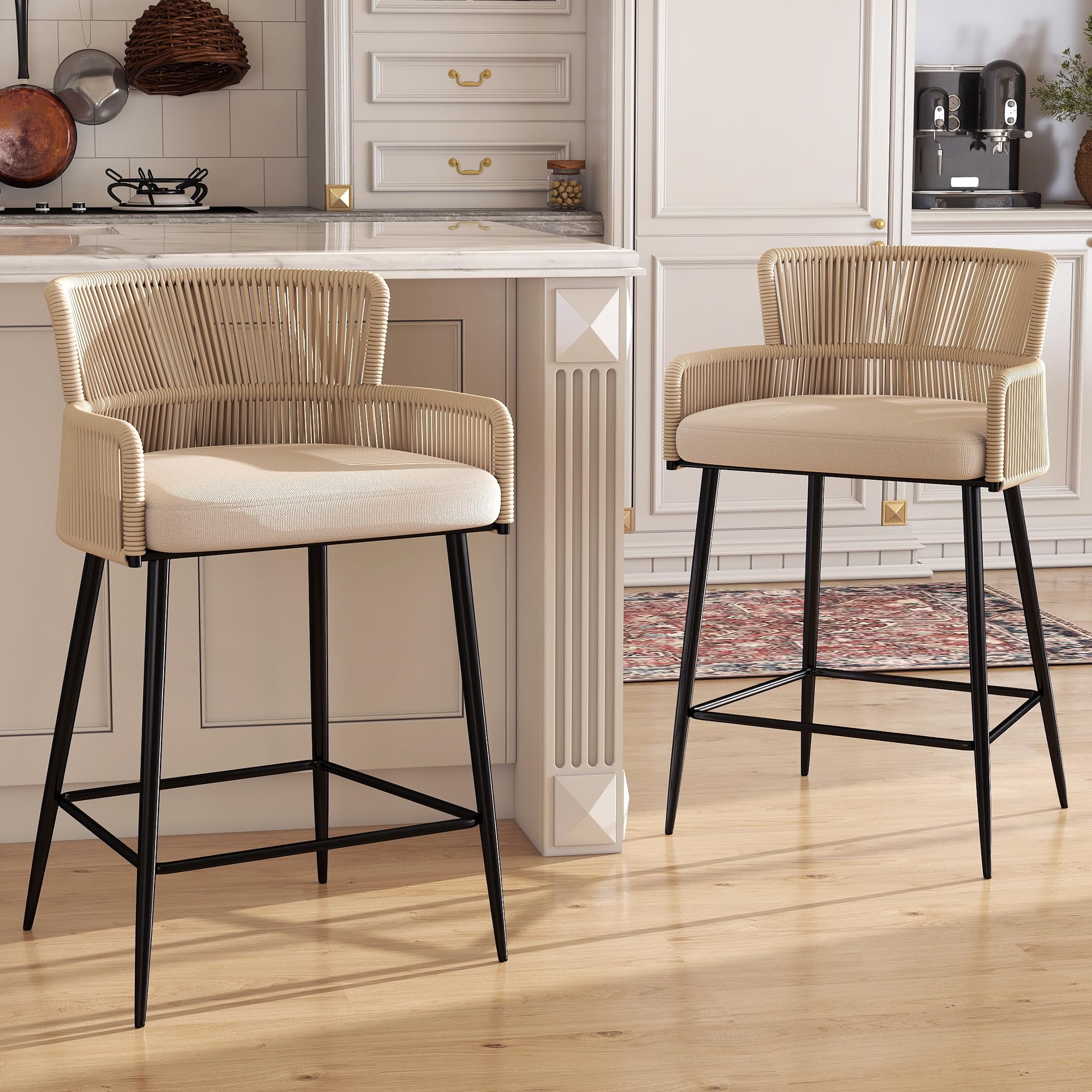 HNY Farmhouse Woven Bar Stools Set of 2, 26 Inch Linen Upholstered Rattan Barstools with Curved Backs, Modern Cane Counter Height Bar Chairs with