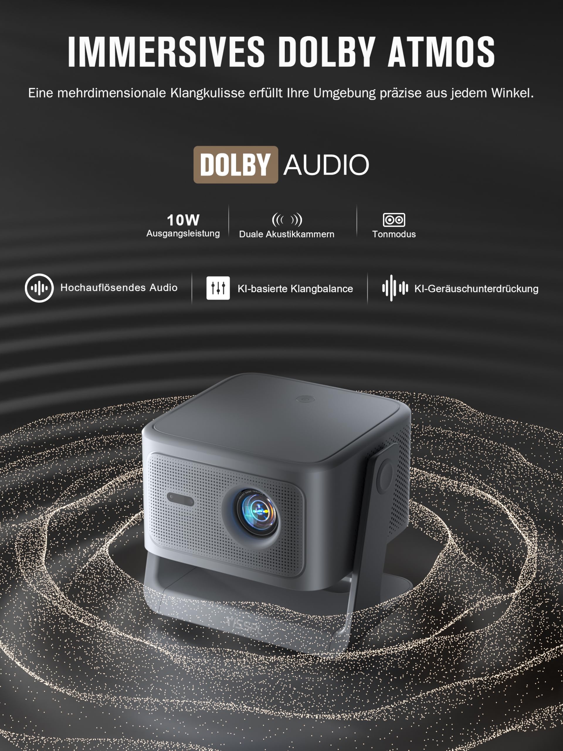 VISSPL Smart Beamer 4K Heimkino Projektor 30000 Lumen 3D Dolby Audio Autofokus WiFi6 Bluetooth 360° Standfuß Grau