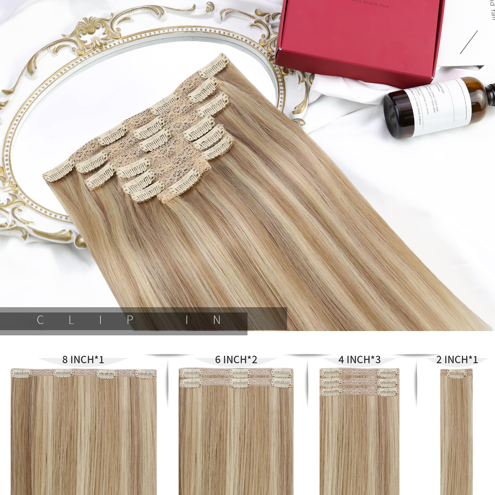 Moresoo Clip in Hair Extensions Real Human Hair Full Head Clip in Hair Extensions Honey Blonde Highlight with Medium Blonde Remy Hair Long 24 Inch 7 Pieces/120g #16/22 - Image 3