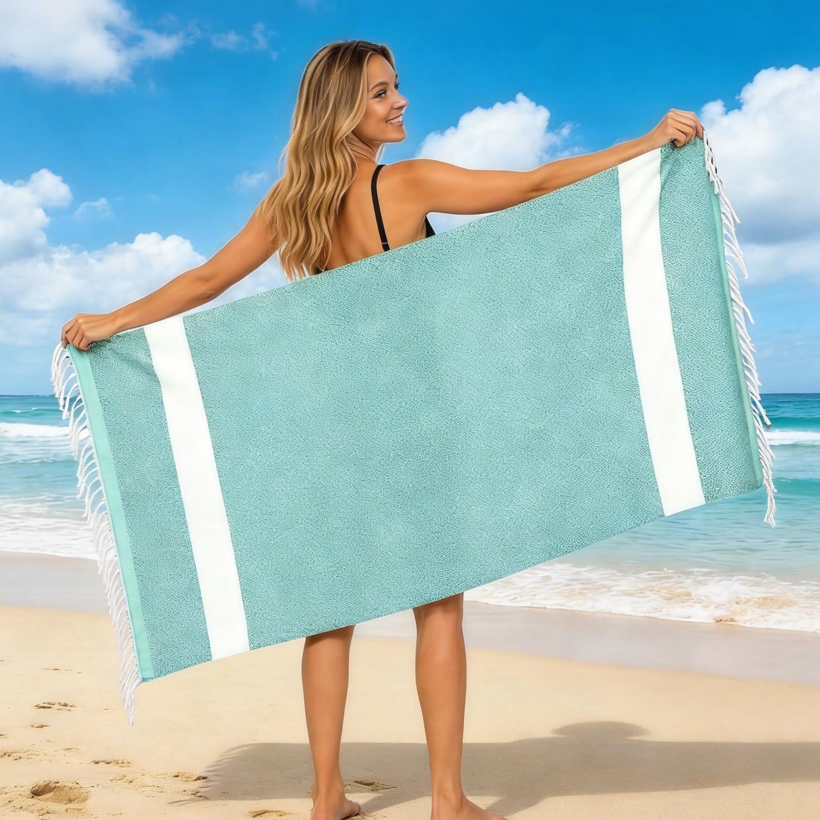 Pxvelcn Large Beach Towel for Adult with Towel Bands, 180X100cm Beach Towels Sand Free (Green)