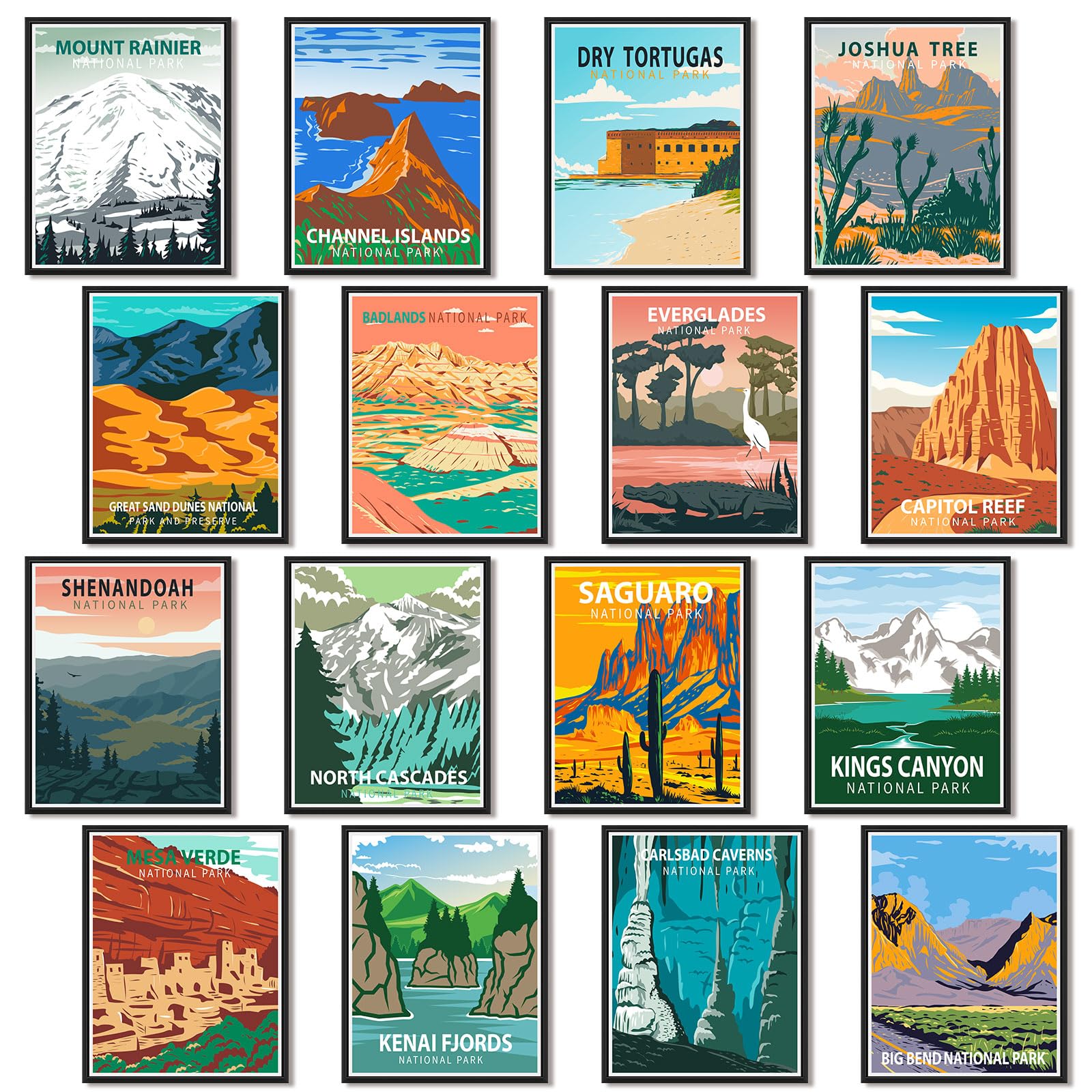 16 Pieces National Park Posters Vintage of 16 Travel Prints Wall Art Abstract Wall Art and Mountain Print Set Abstract Travel Unframed for Living Room Bedroom Bathroom Decor (Classic Style)