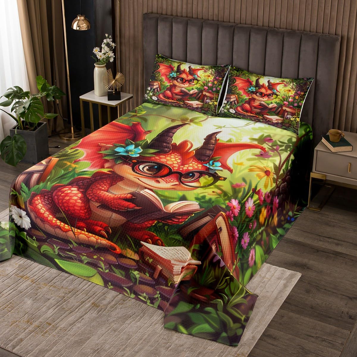 Manfei Kawaii Dragon Kids Bedspread Queen Size,Read Books Cartoon Western Animal Coverlet Set,Boys Girls Room Decor,Jungle Botanical Flowers Rustic Quilted Coverlet,Green Bedding Quilt,2 Pillowcases