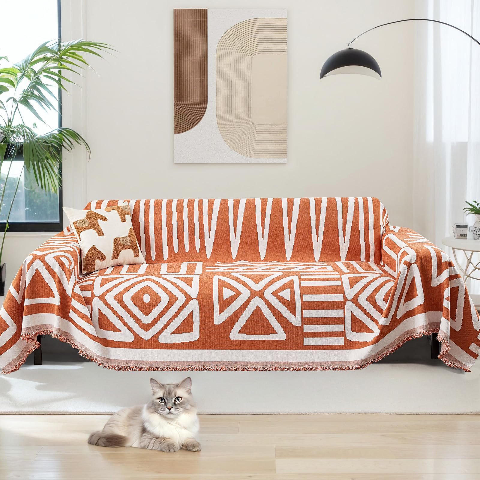 MIFXIN Chenille Reversible Sofa Slipcover for Corner Sofa, Boho Sofa Cover for 2 3 4 Seater L-Shaped Sofa Cover, Sofa CoverPet for Proof & Machine Washable (With Tassels) (Orange Color, 180 * 300) — image 1