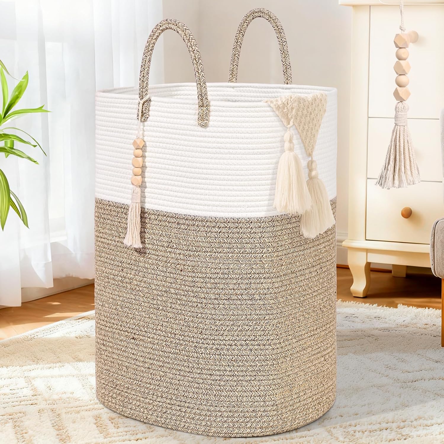 Woven Laundry Basket for Clothes, 100L Large Rectangle Laundry Hampers with Beads Tassel, Nursery Storage Basket for Toys, Tall Dirty Clothes Hamper for Bedroom Aesthetic, Laundry Room Organization