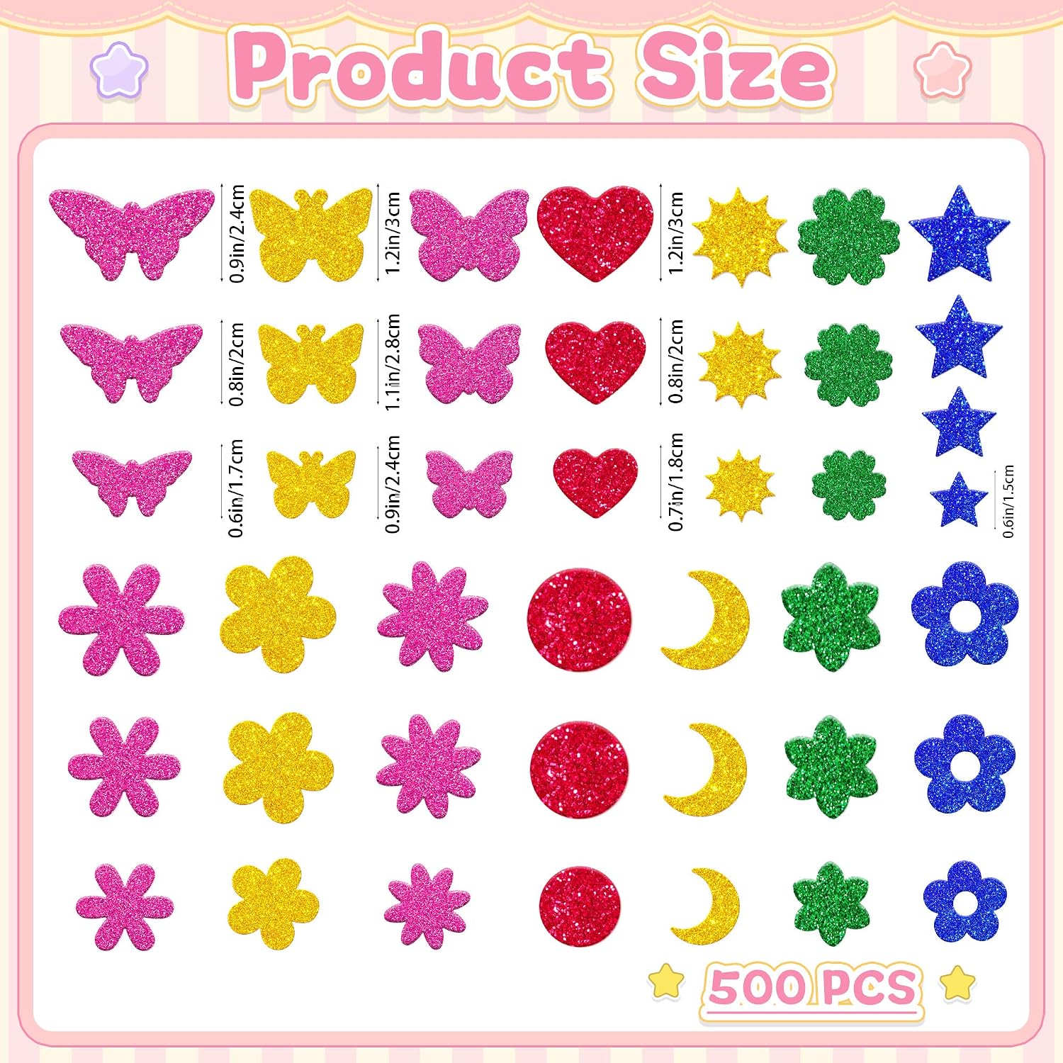 500Pcs Foam Stickers Glitter 3D Spring Foam Shape Stickers,Heart Star Moon