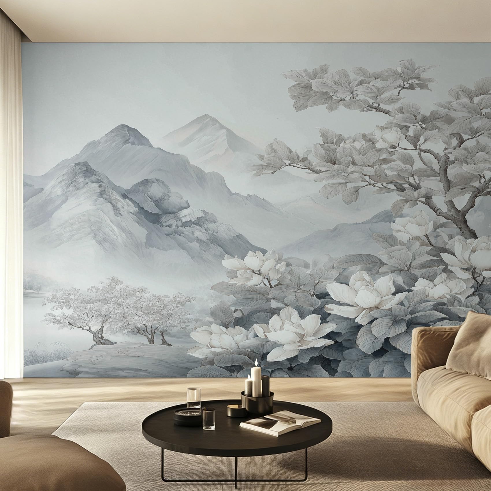 Papier peint panoramique peinture à l'encre chinoise - Rénovation murale facile