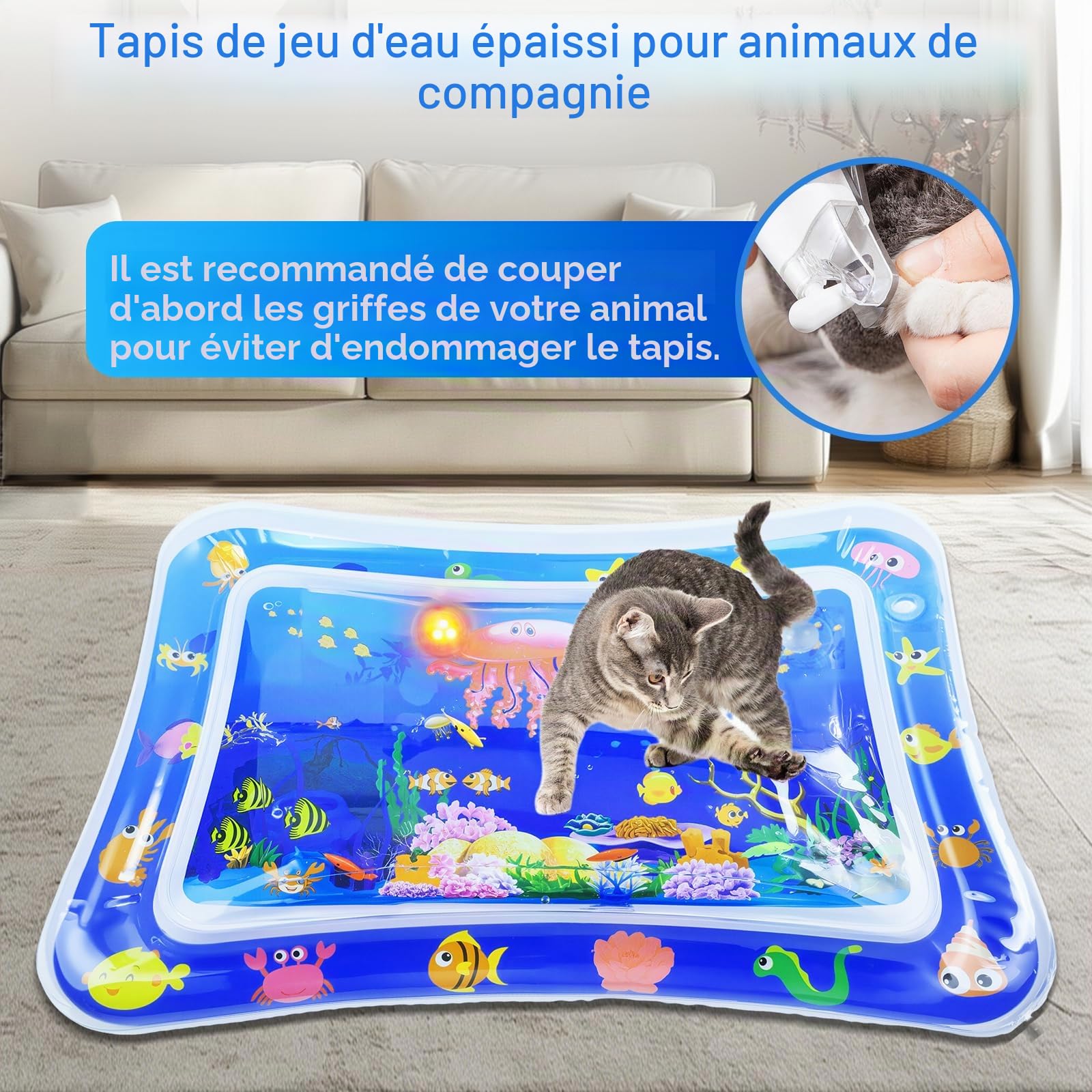KATELUO Tapis de Jeu Aquatique Chat, LED Tapis Sensoriel d'eau Chats, Tapis d'eau Gonflable pour Chat, Tapis d'eau Interactif d'été pour Chats, Utilisable à l'intérieur et à l'extérieur en été