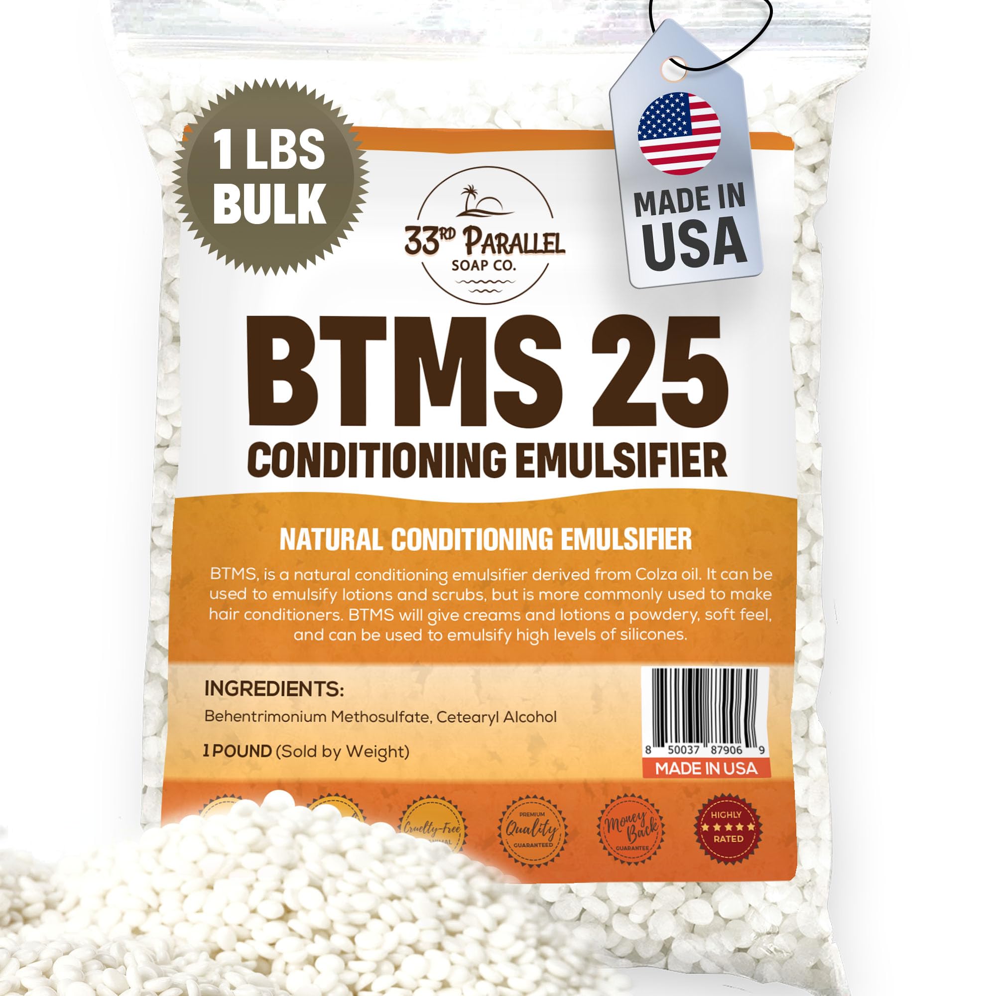 33RD PARALLEL | BTMS 25 (1 lbs / 16 Ounces) Conditioning Emulsifier | Behentrimonium Methosulfate Cetearyl Alcohol Emulsifying Conditioner | (1 POUND)