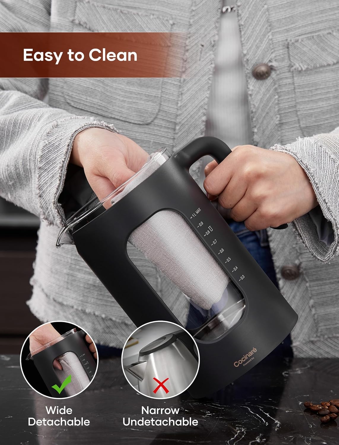 Electric Tea Kettle, INTASTING Glass Electric Kettle with tea Infuser and Precise knob temperature control, 1200W Fast Heating, BPA-Free, Easy to Clean, for Tea and coffee, 1 Liter (Wood) - Image 6