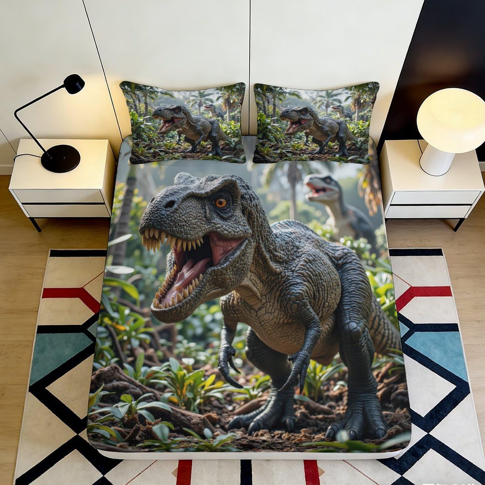 3D Printed Dinosaur Jungle Fitted Sheet Microfiber Soft Breathable T-Rex Bed Cover for Bedroom Guest Room Decor 90x200x25cm