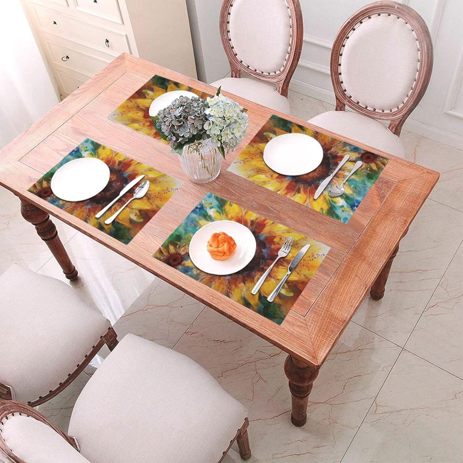 Placemats Set of 6 PCS Heat Resistant Non-Slip PVC Place mats for Dining Table Abstract Sunflower Multicolor Vinyl Woven Placemat Washable Wipeable Table Mats for Kitchen Indoor Outdoor 18 x 12 Inch