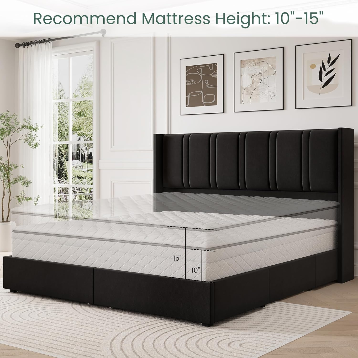 King Size Bed Frame with 4 Storage Drawers and Wingback Headboard Velvet Upholstered Platform Bed Frame with Wooden Slats, Easy Assembly, Black King Black