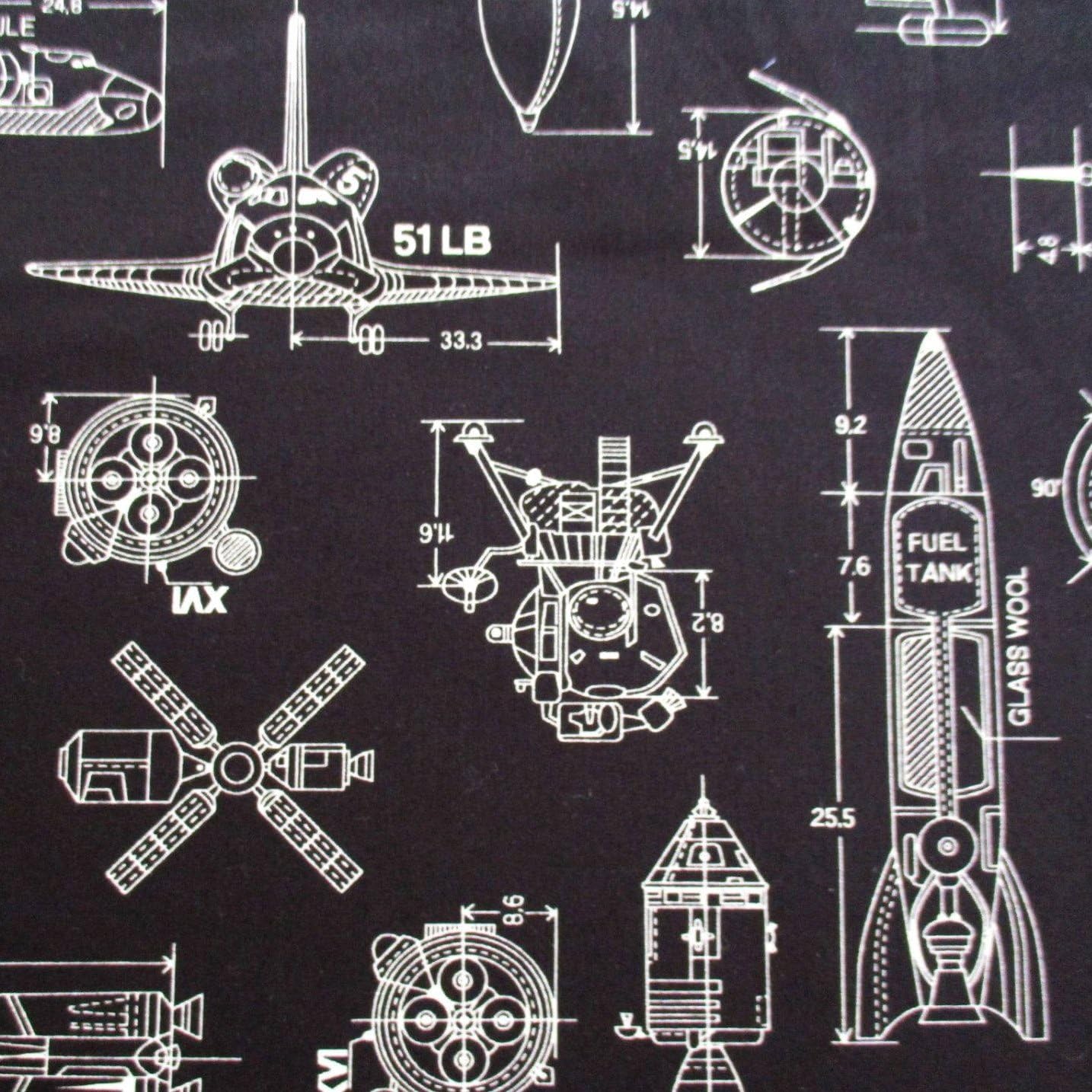 Rocket Adventure in Galaxy Star Jet Aerospace on Black Fabric 36 by 36-Inch Wide (1 Yard) (CT685)