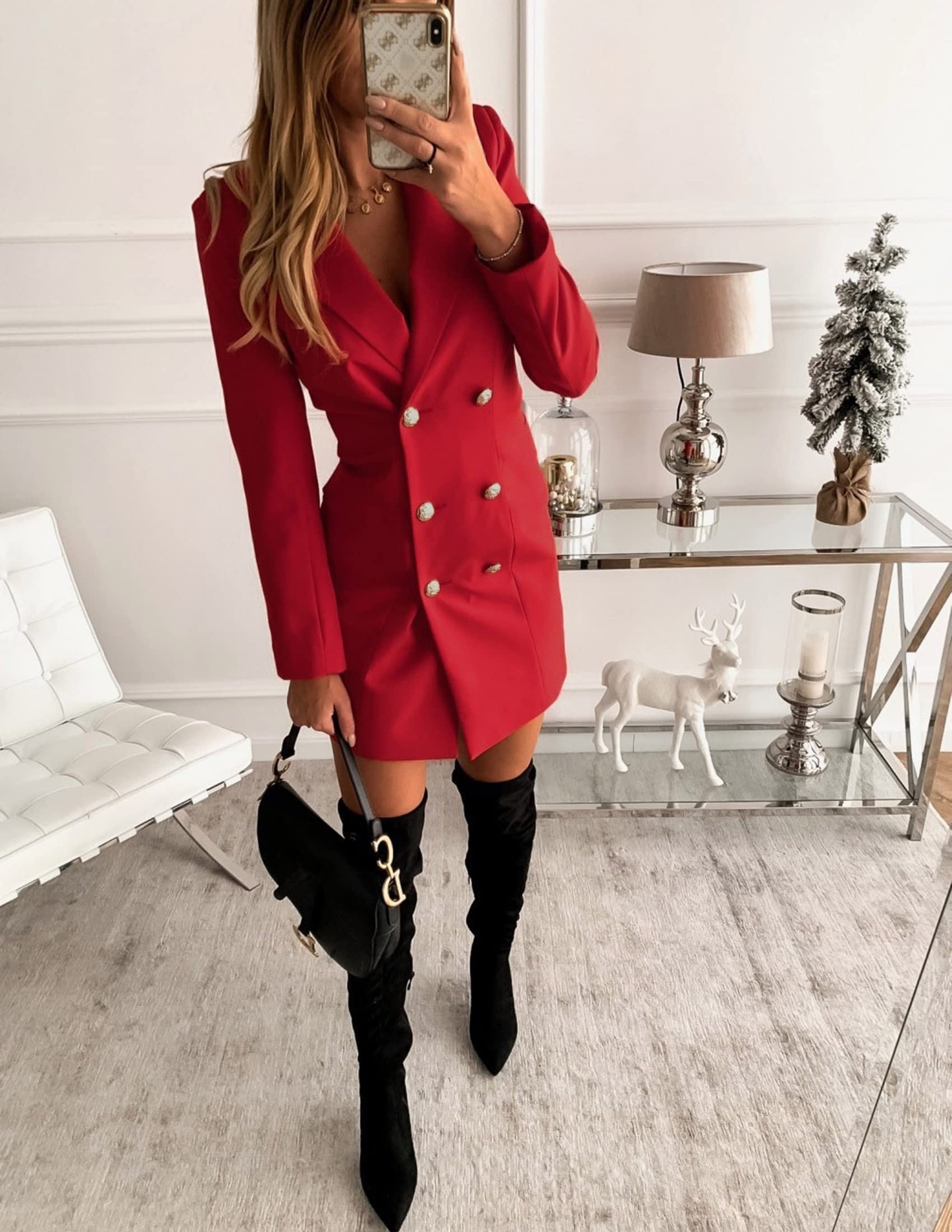 NLAVW Cappotto da Donna a Maniche Lunghe con Collo a Bavero Giacca Doppiopetto Cappotto Blazer Tinta Unita alla Moda per l'autunno Inverno,Rosso,XXL