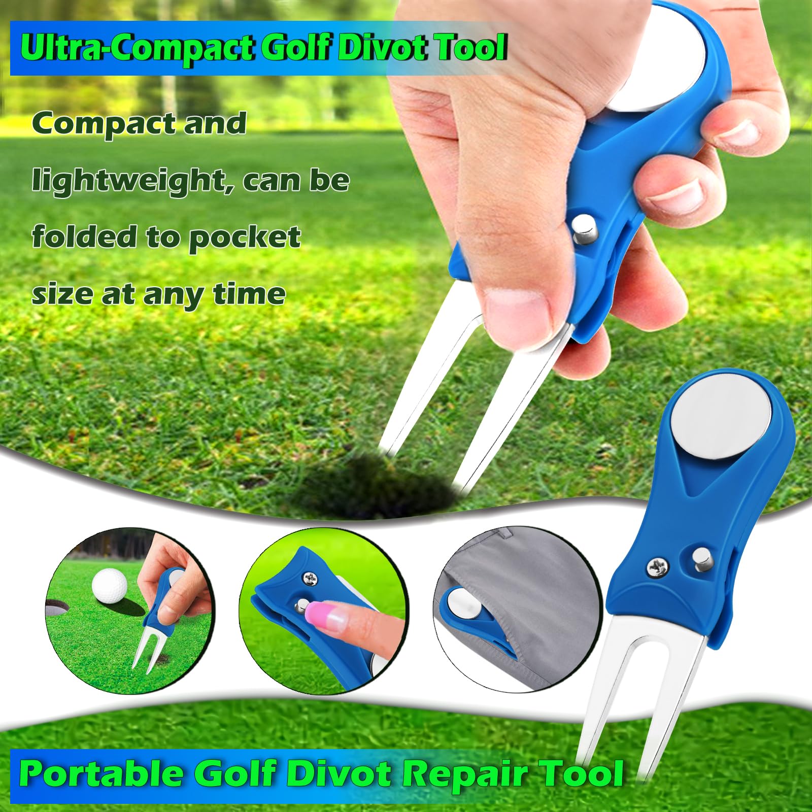 Herramienta plegable de divot de golf, paquete de 2 herramientas de reparación de acero inoxidable con botón desplegable y marcador de bola magnético para hombres y mujeres golfistas (azul)