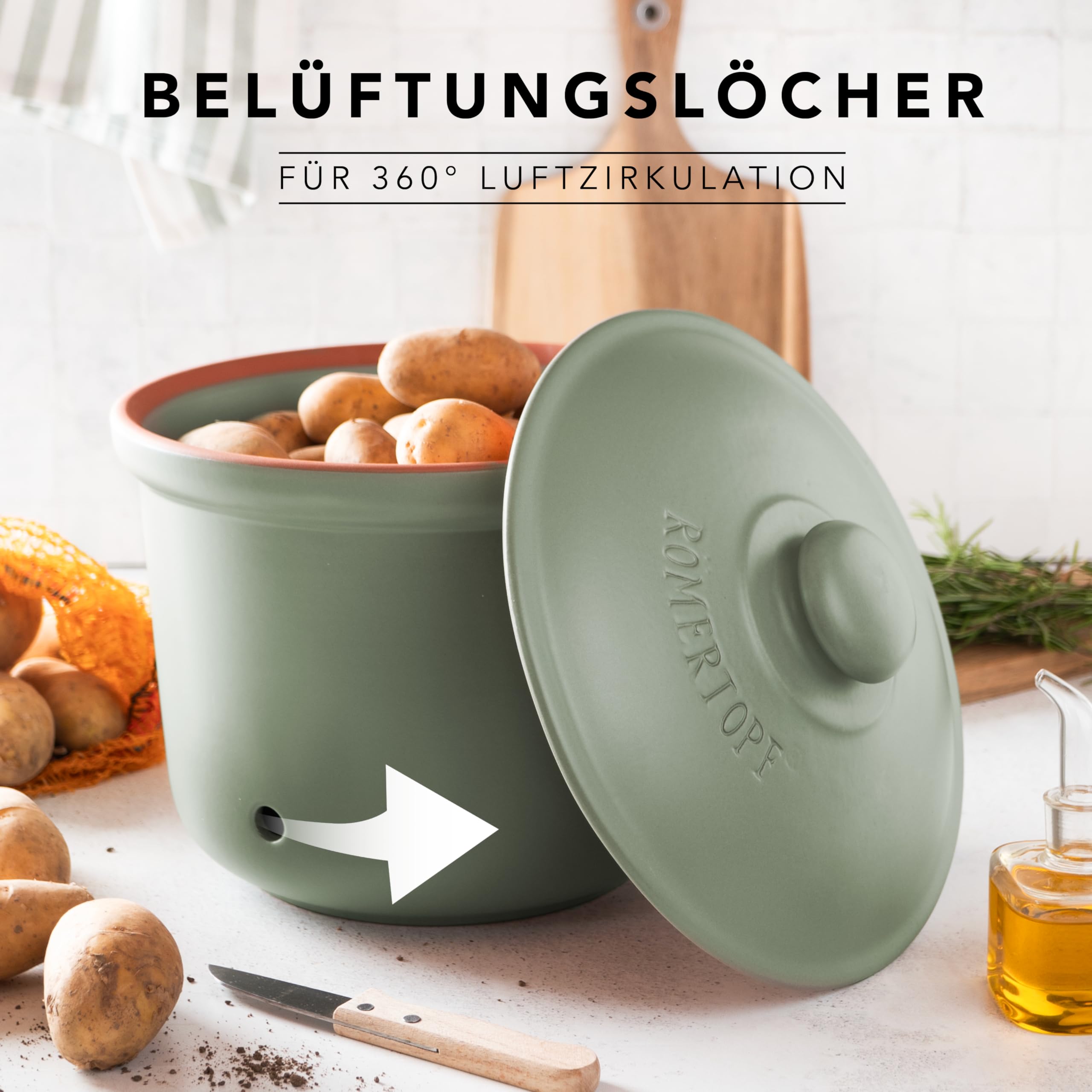 Romertopf Kartoffeltopf & Zwiebeltopf 3er Set – Vorratsdosen aus Keramik für Kartoffeln, Zwiebeln & Knoblauch – atmungsaktiver Ton hält Gemüse länger frisch – Grün
