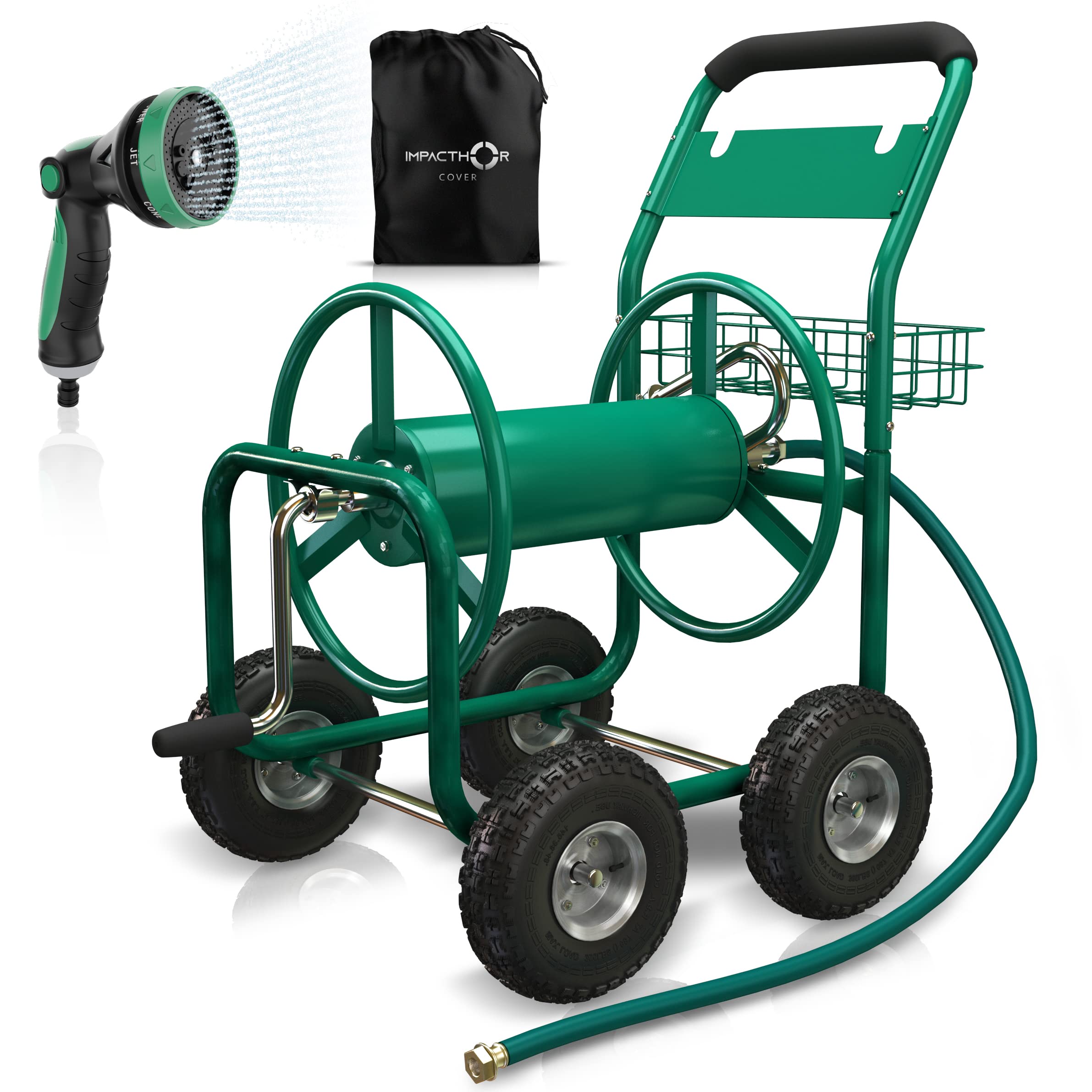 IMPACTHOR Garden Hose Reel Cart 4 Wheels Heavy Duty Hose Cart, Nozzle