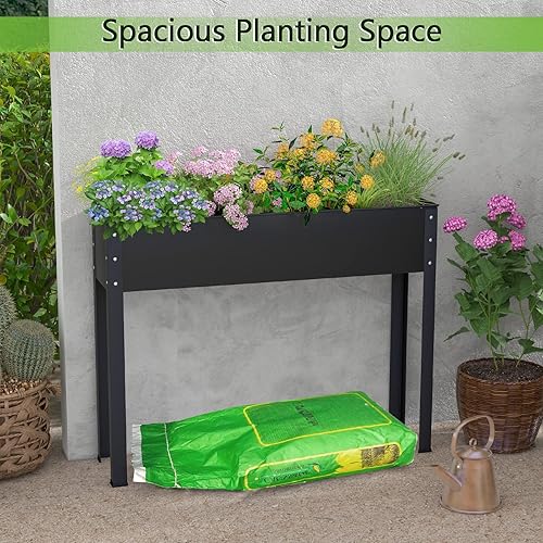 Miniatura 3 de HAPPYGRILL Cama de jardín elevada con patas, soporte elevado de 31.5 pulgadas con orificio de drenaje, diseño de dobladillo, cama de flores elevada