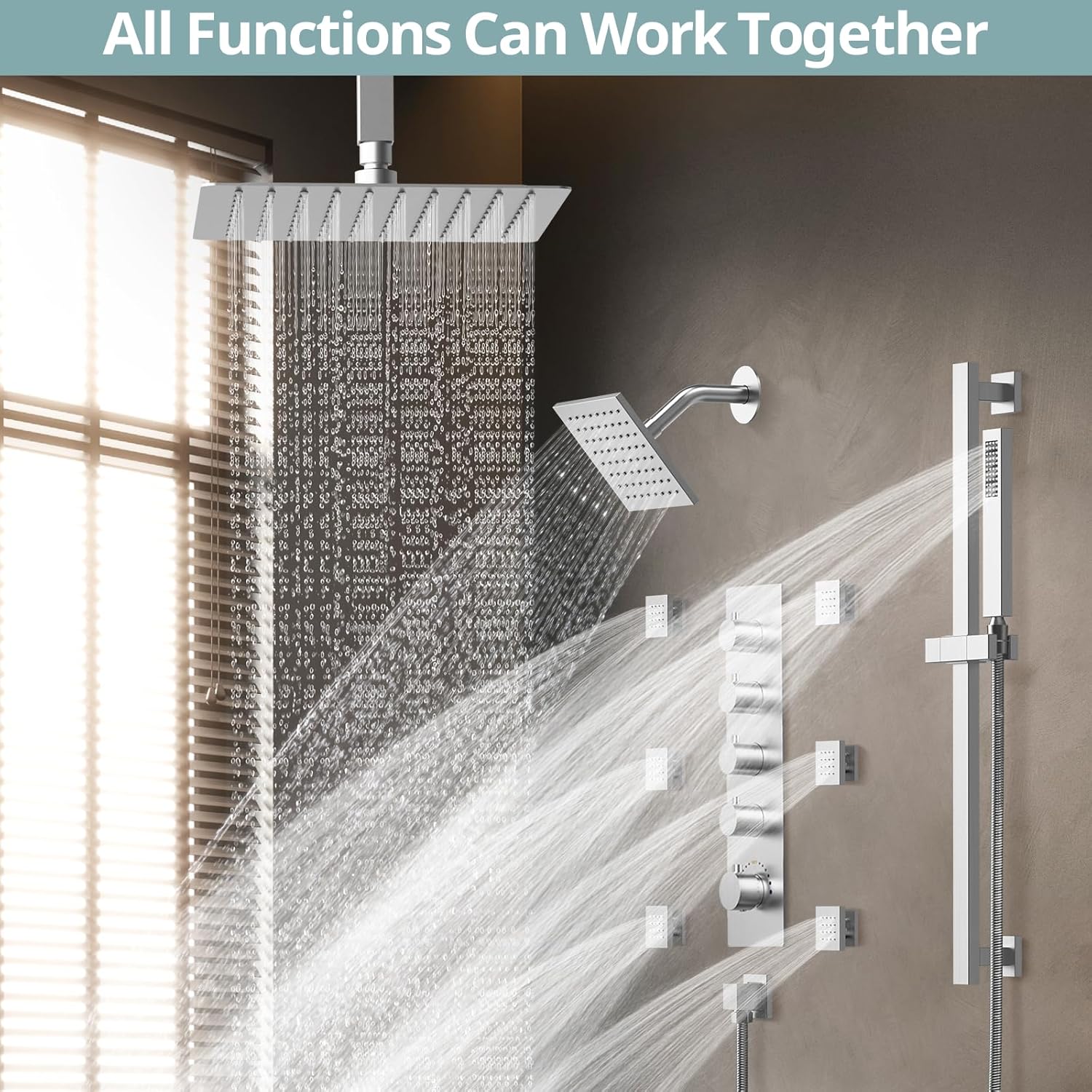Dual Shower Heads Shower System: Aposhion Thermostatic Shower System - 16" & 6" Rainfall Shower Heads with Handheld Sprayer & 6 Body Massage Jets, Bathroom Shower Faucet Set with Valve, Brushed Nickel