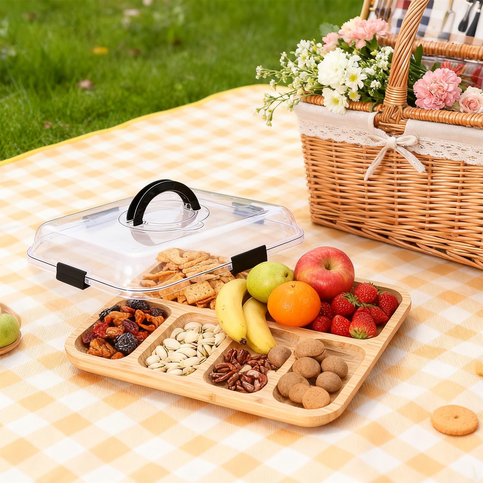 Planche à charcuterie avec couvercle – Planche à goûter portable avec 6 compartiments et couvercle transparent – Planche à fromage réversible pour pique-nique, fête et cuisine – Planche de service