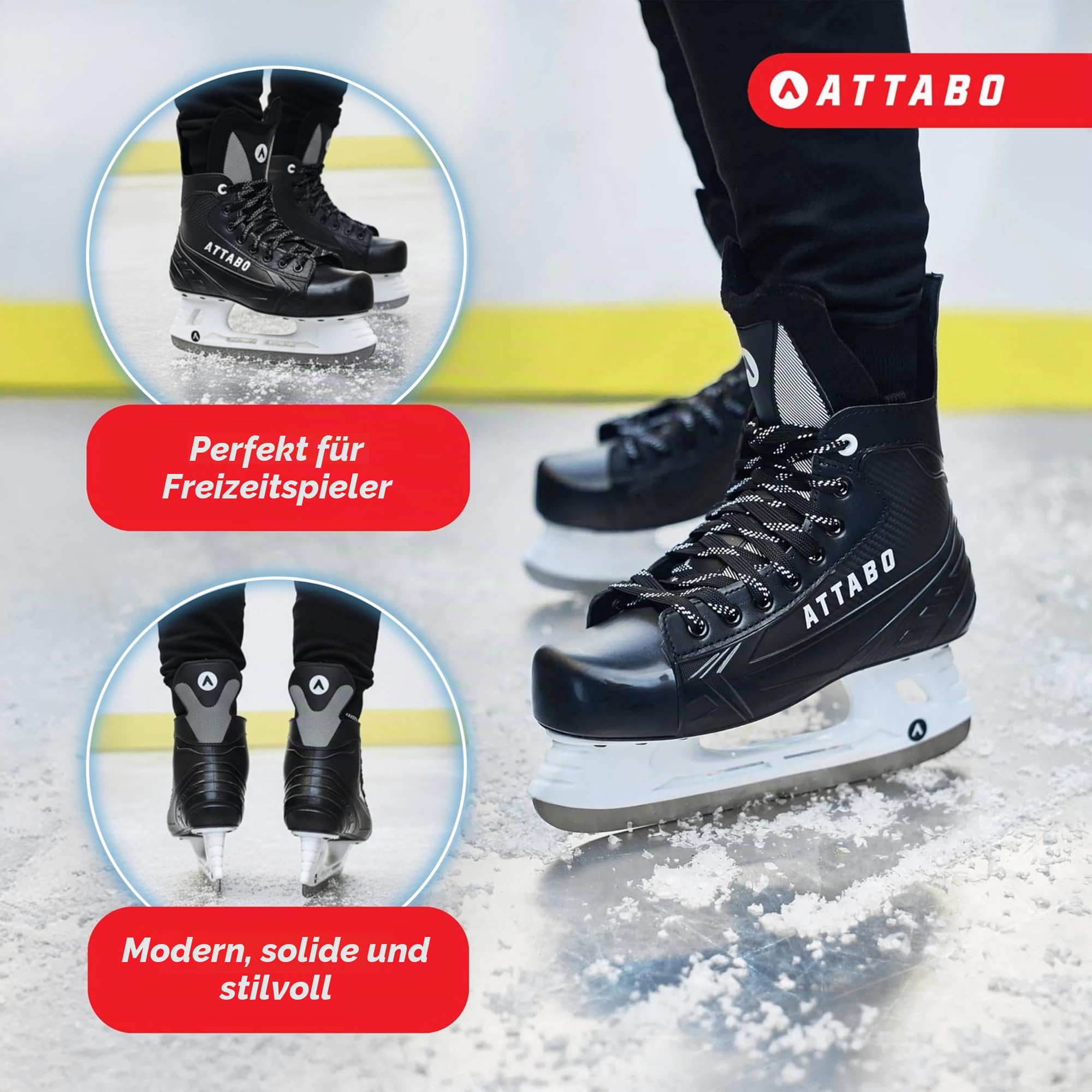 ATTABO Eishockey Schlittschuhe Herren Blade in Schwarz Größe 39 EU Langlebige Edelstahlkufe Stabiler Knöchelschutz Schnürverschluss Komfortabel und langlebig für Fortgeschrittene