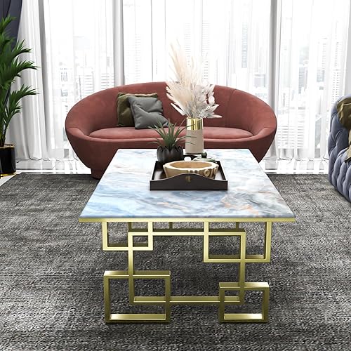 Miniatura 3 de Mesa de centro dorada, mesa rectangular de lujo, mesa central moderna con piedra microcristalina para sala de estar, sala de invitados, sala de