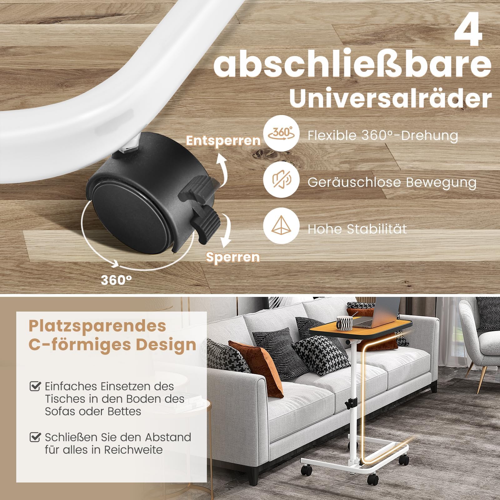 FANTASK höhenverstellbarer Pflegetisch, 60,5 x 40 x 73-93 cm des Pflegetisches, Krankentisch mit in Mehreren Winkeln neigbarer Platte, Natur