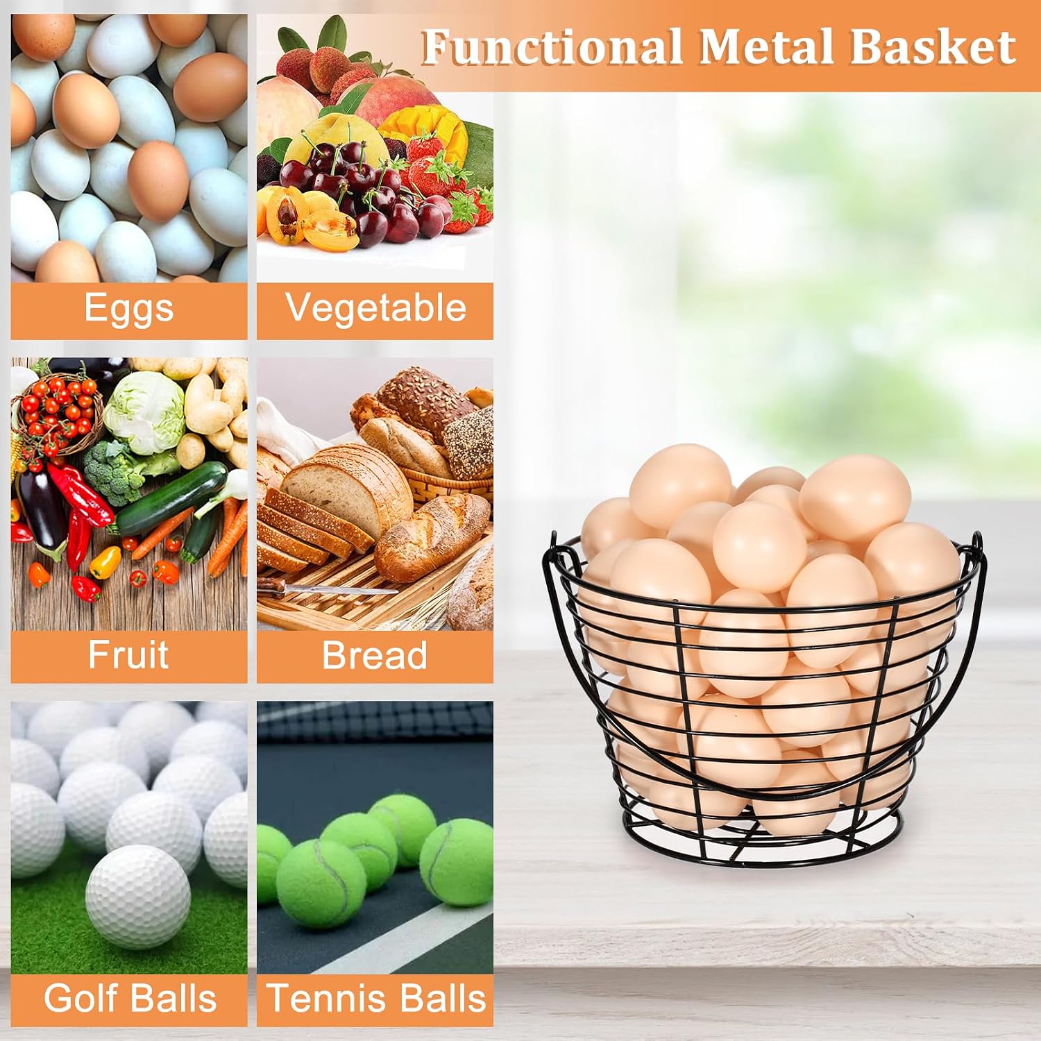 3 PCS 8" Black Round Wire Egg Baskets With Handle Egg Collecting Basket