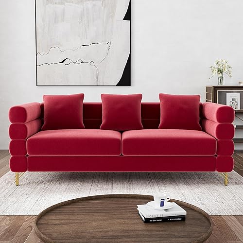 Cloud Couch for Living Room, 79" Modern Overstuffed Deep Seat Velvet 3 Seater Sofa with 3 Pillows, Comfy Upholstered Oversized Loveseat for Bedroom Office, Red Velvet