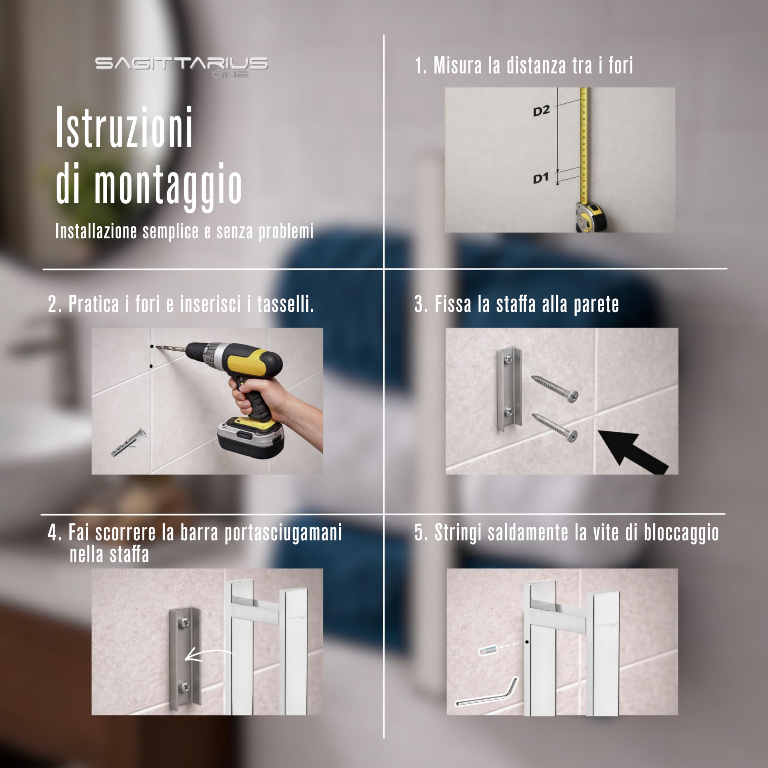 400S1 Porta Asciugamani Muro 40cm Acciaio Inox SUS 304 Antiruggine Design Moderno Bagno - Finitura Lucida - Porta Asciugamani Adesivo